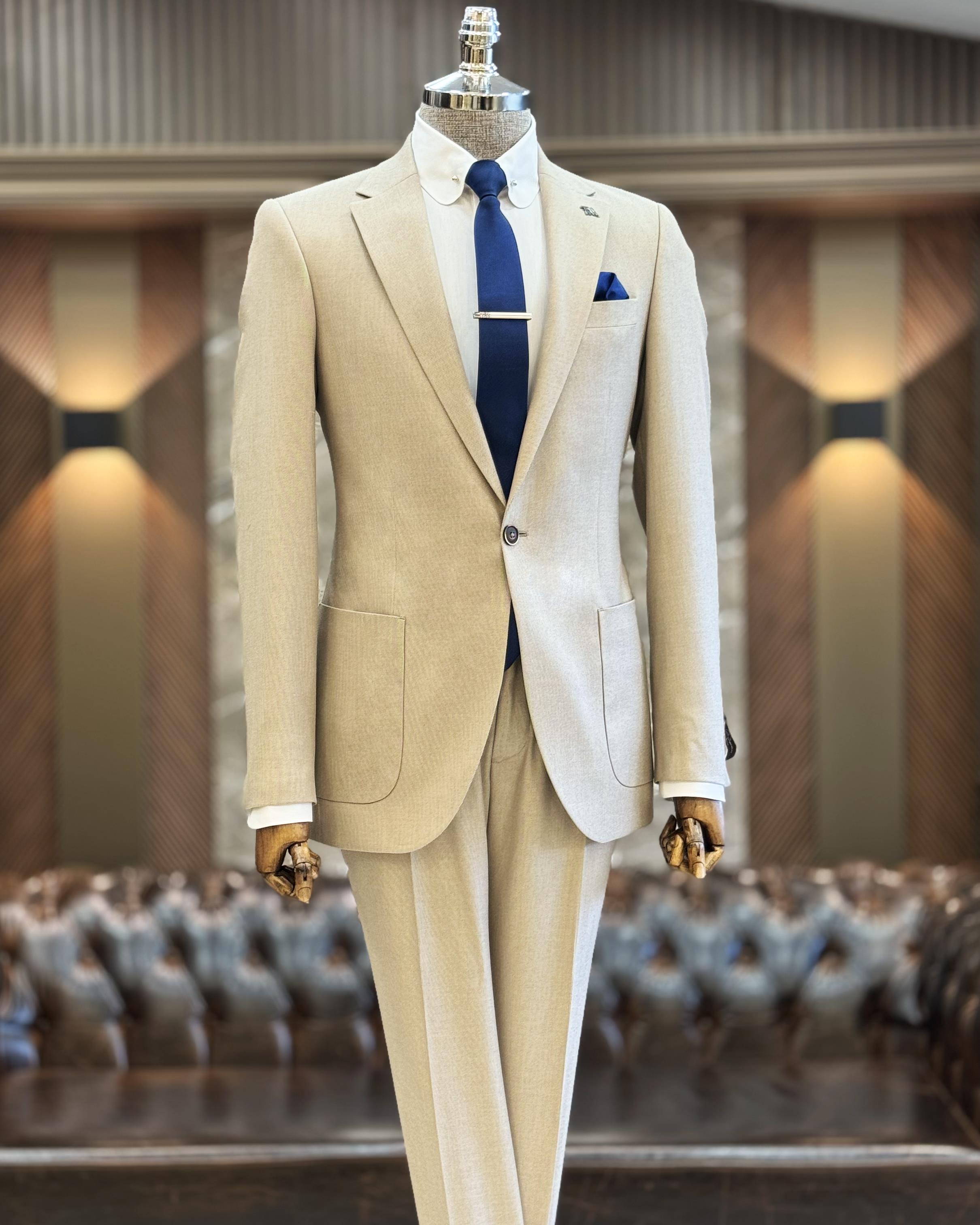 İtalyan stil slim fit mono yaka ceket pantolon takım elbise vizon T11546