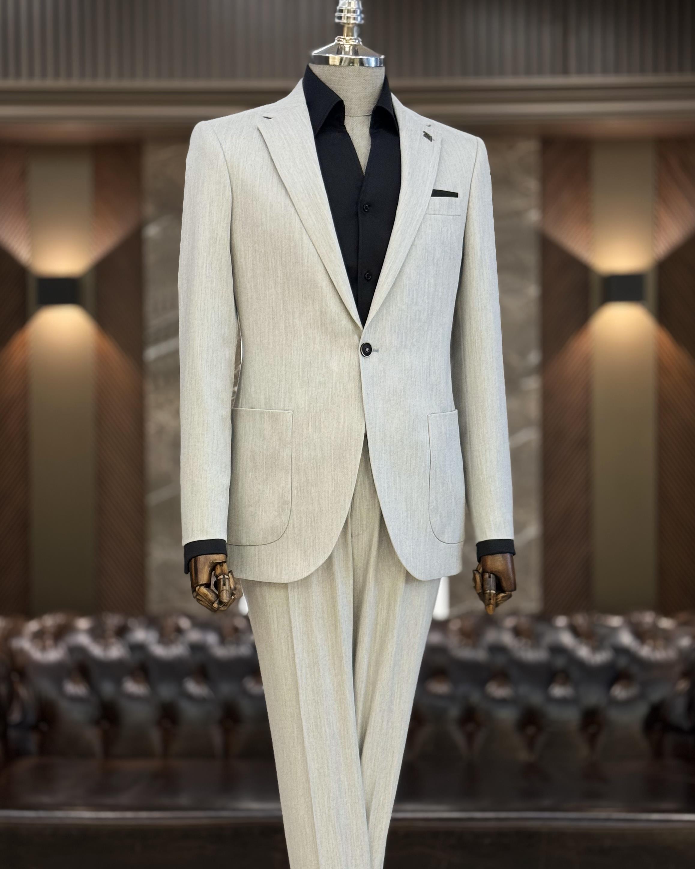 İtalyan stil slim fit mono yaka ceket pantolon takım elbise gri T11547