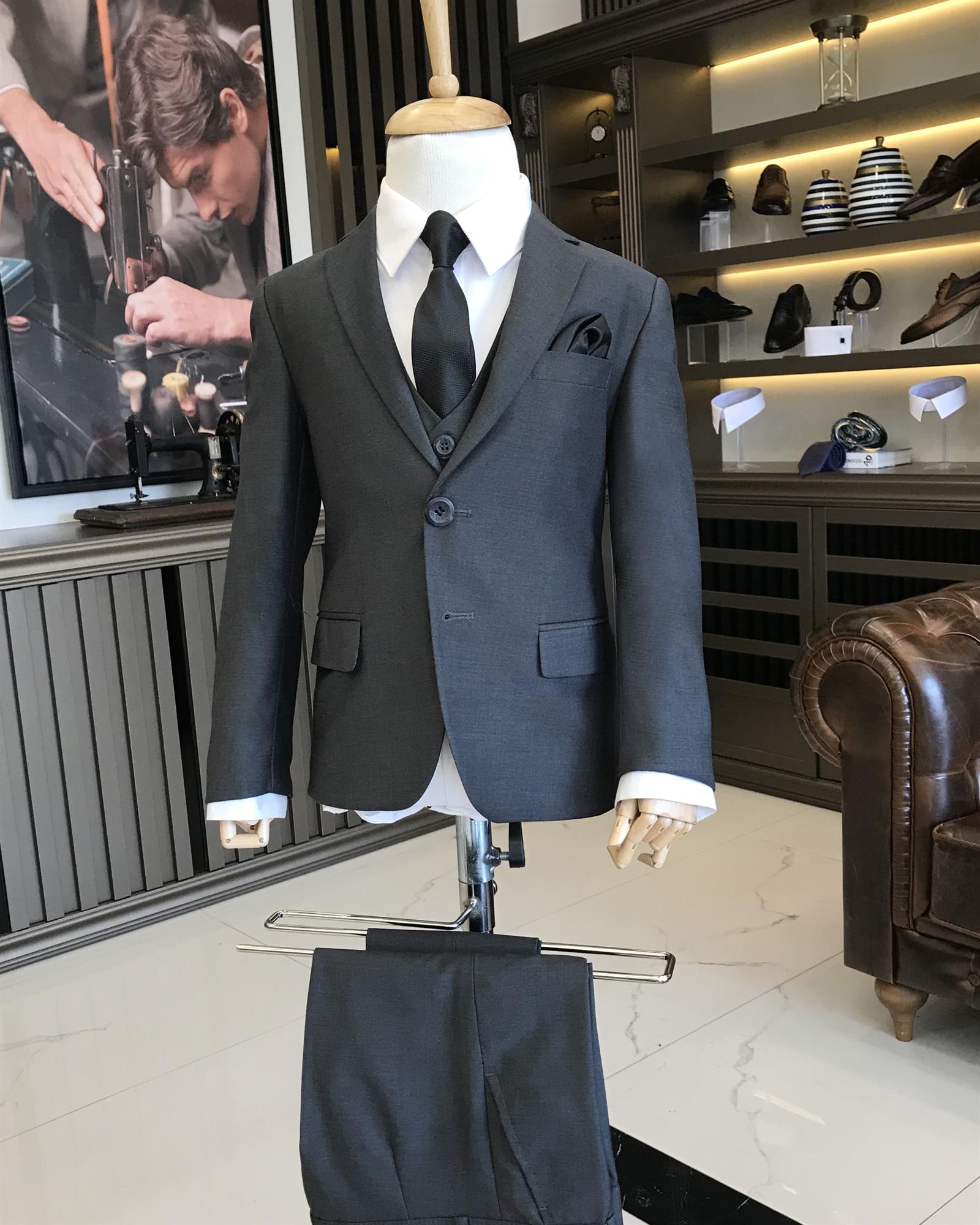 İtalyan stil slim fit mono yaka ceket yelek pantolon çocuk takım elbise set antrasit T8808