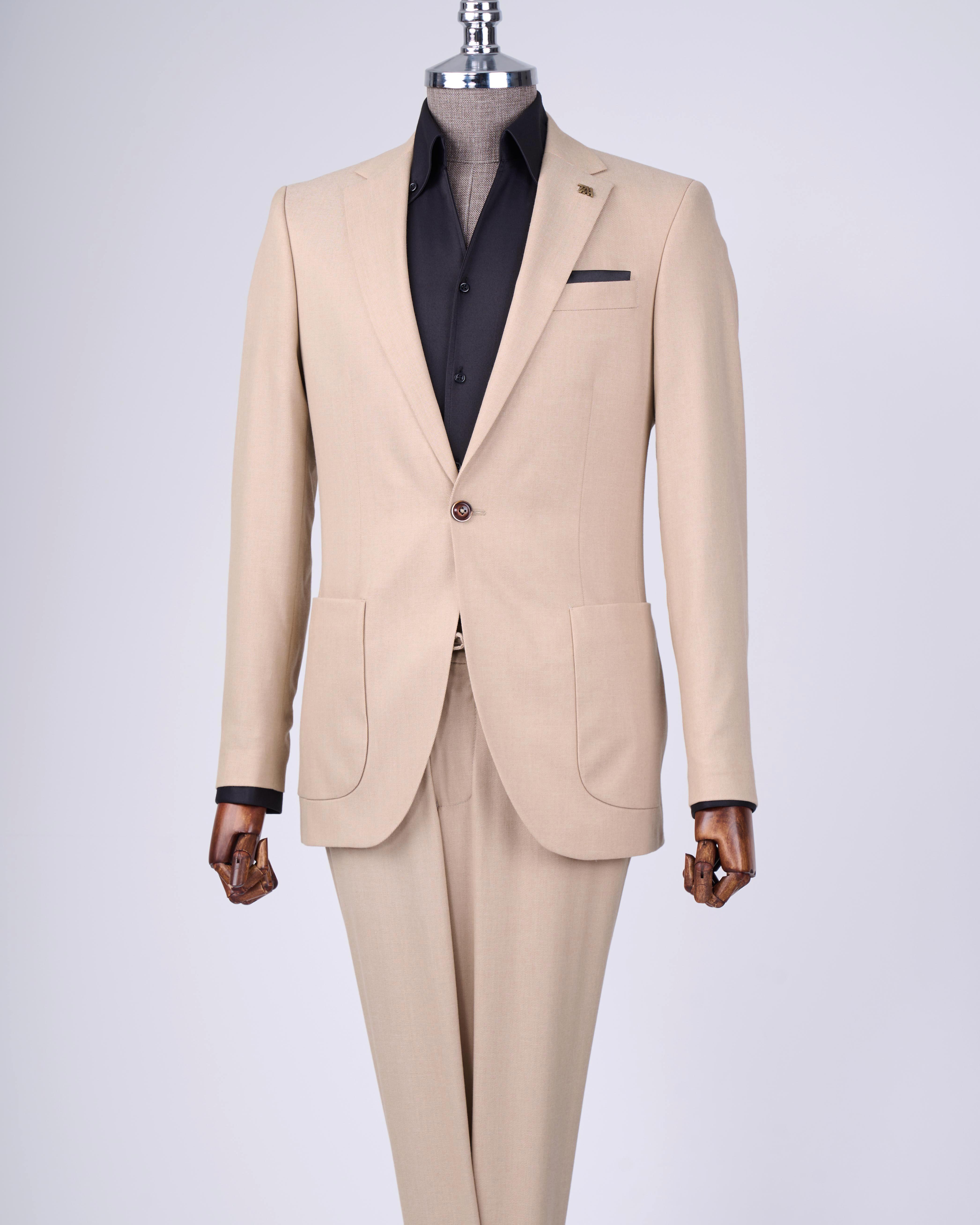 Italian style slim fit mono collar jacket pants suit camel T11545