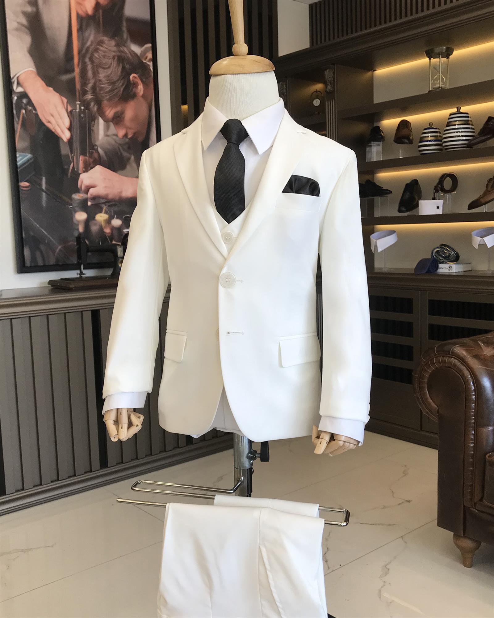 İtalyan stil slim fit mono yaka ceket yelek pantolon çocuk takım elbise Ekru T8810