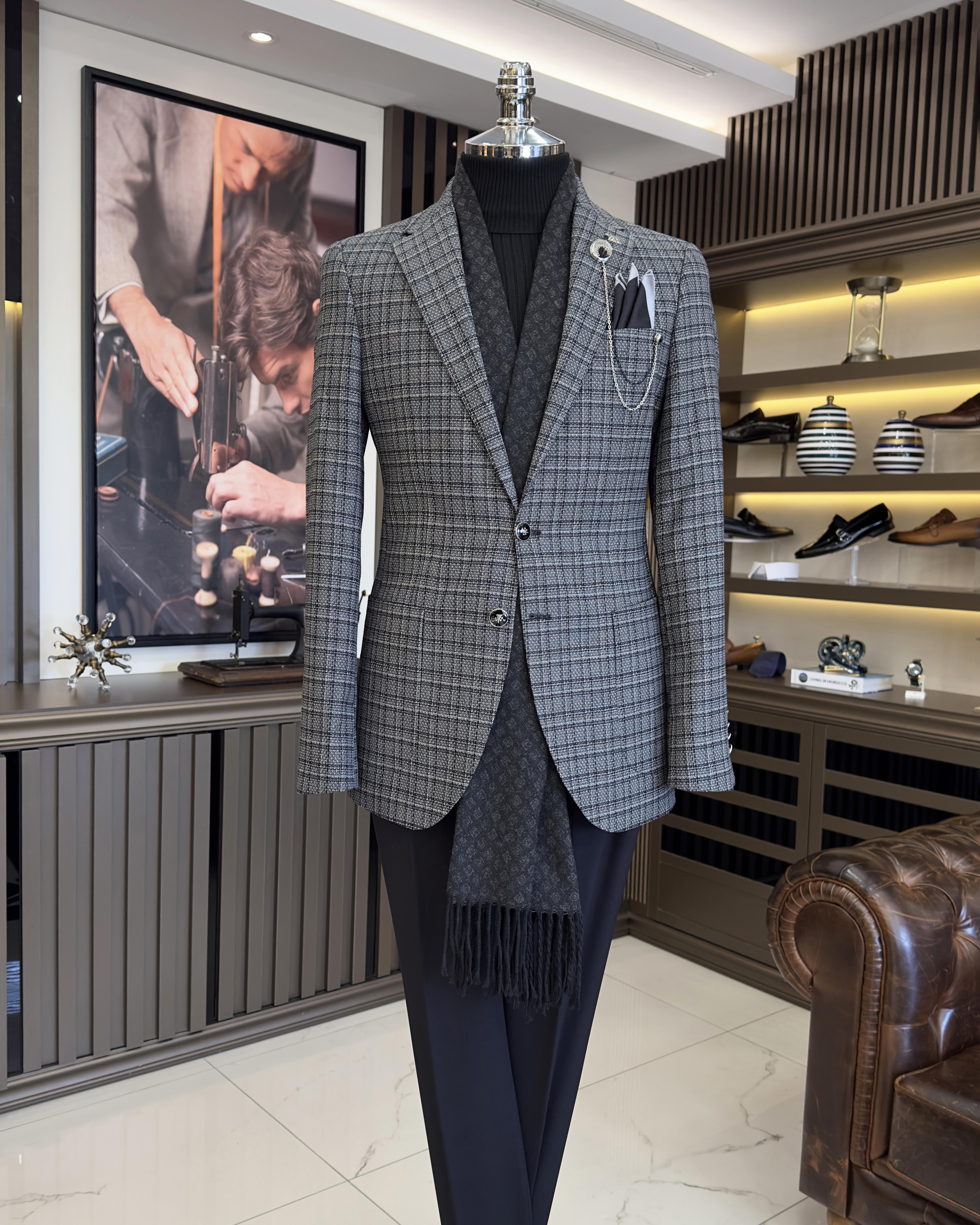 Italian style slim fit mono collar plaid men's jacket black T10751