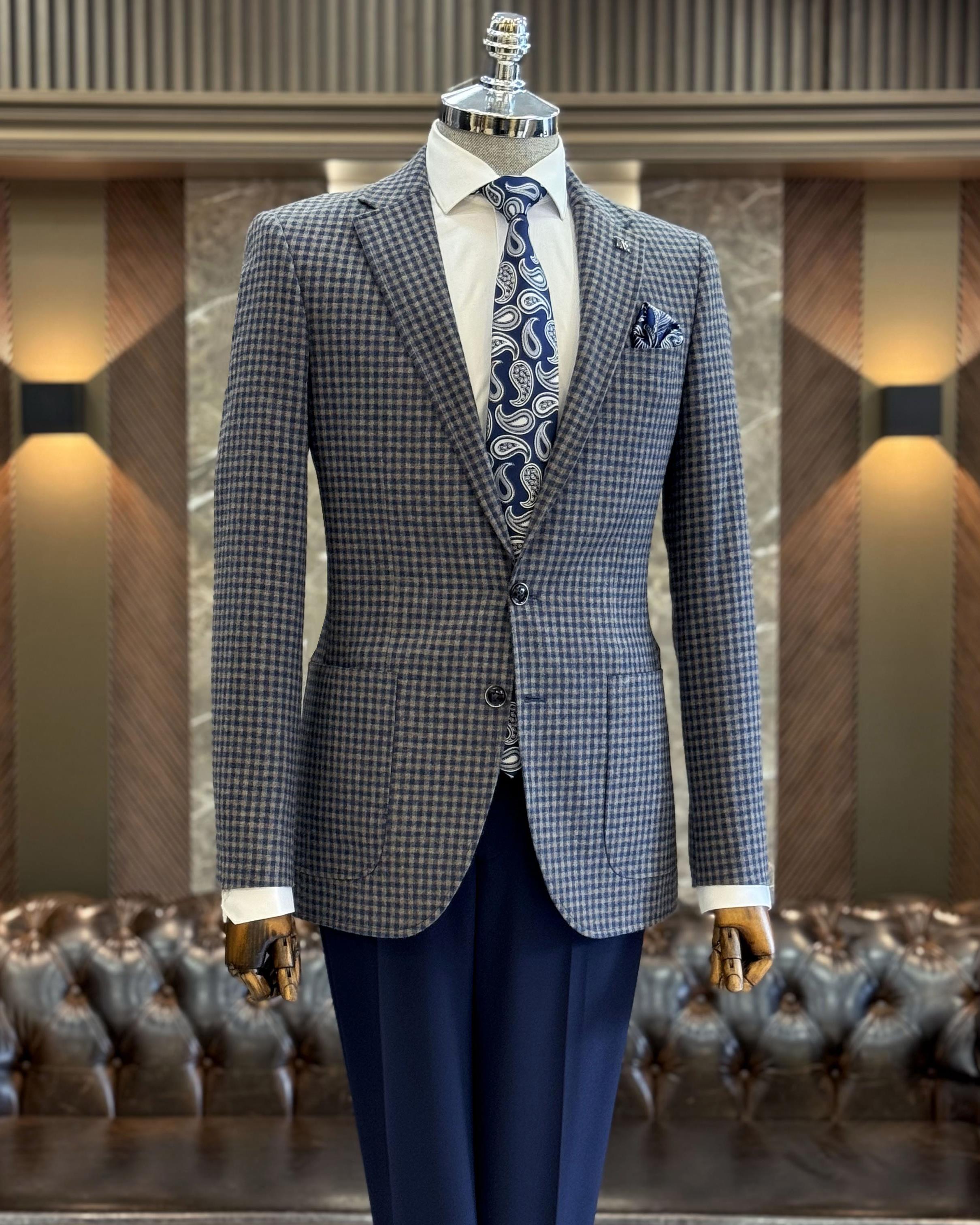 İtalyan stil slim fit mono yaka erkek ceket lacivert T10748