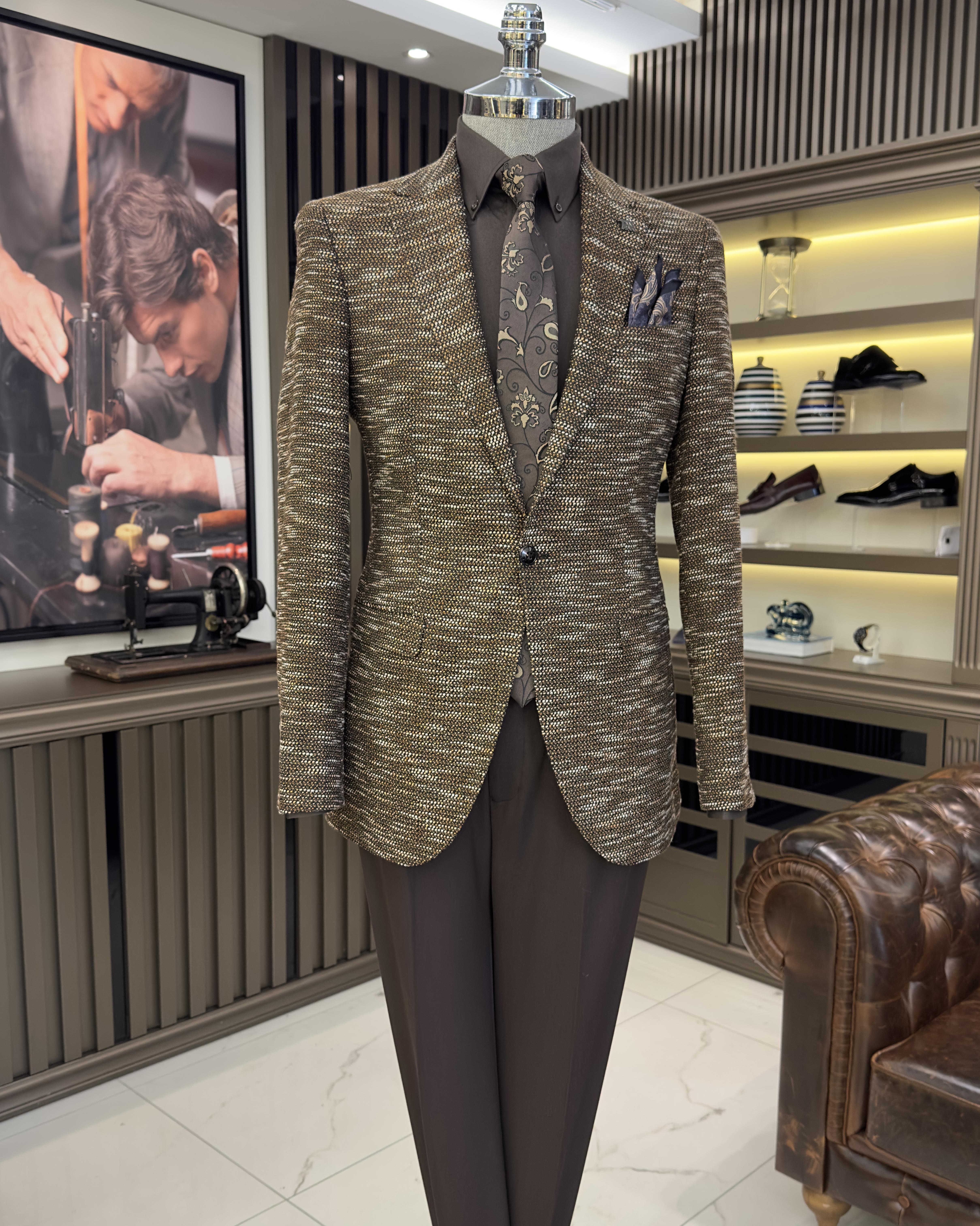 İtalyan stil slim fit mono yaka erkek ceket kahverengi T10966