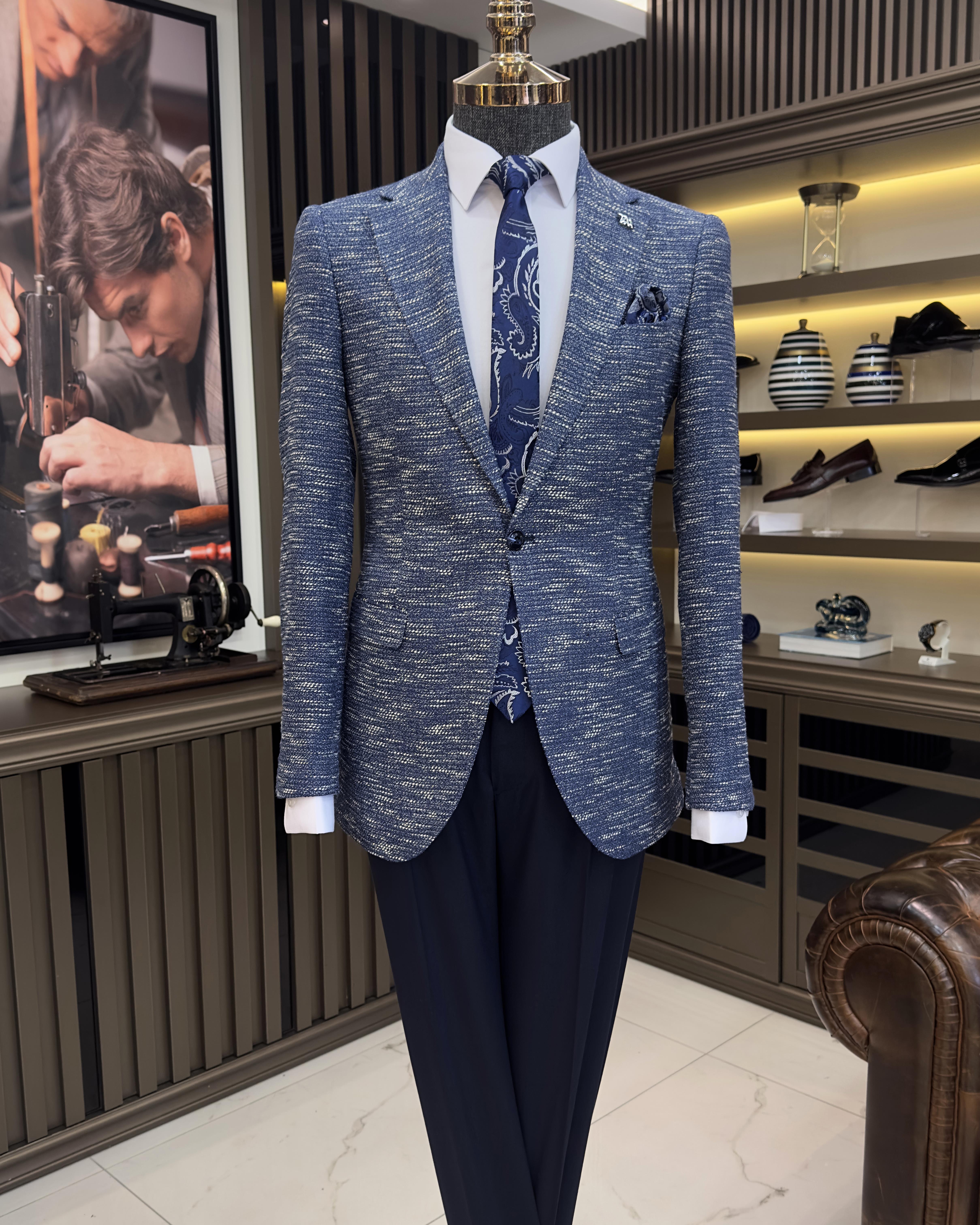 İtalyan stil slim fit mono yaka erkek ceket mavi T11016