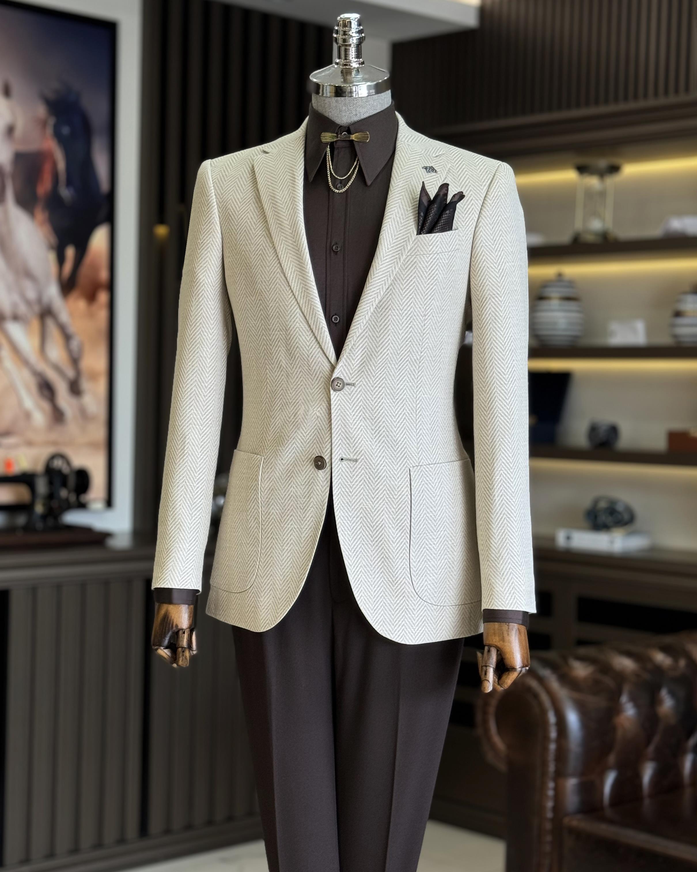 İtalyan stil slim fit mono yaka erkek ceket bej T11536