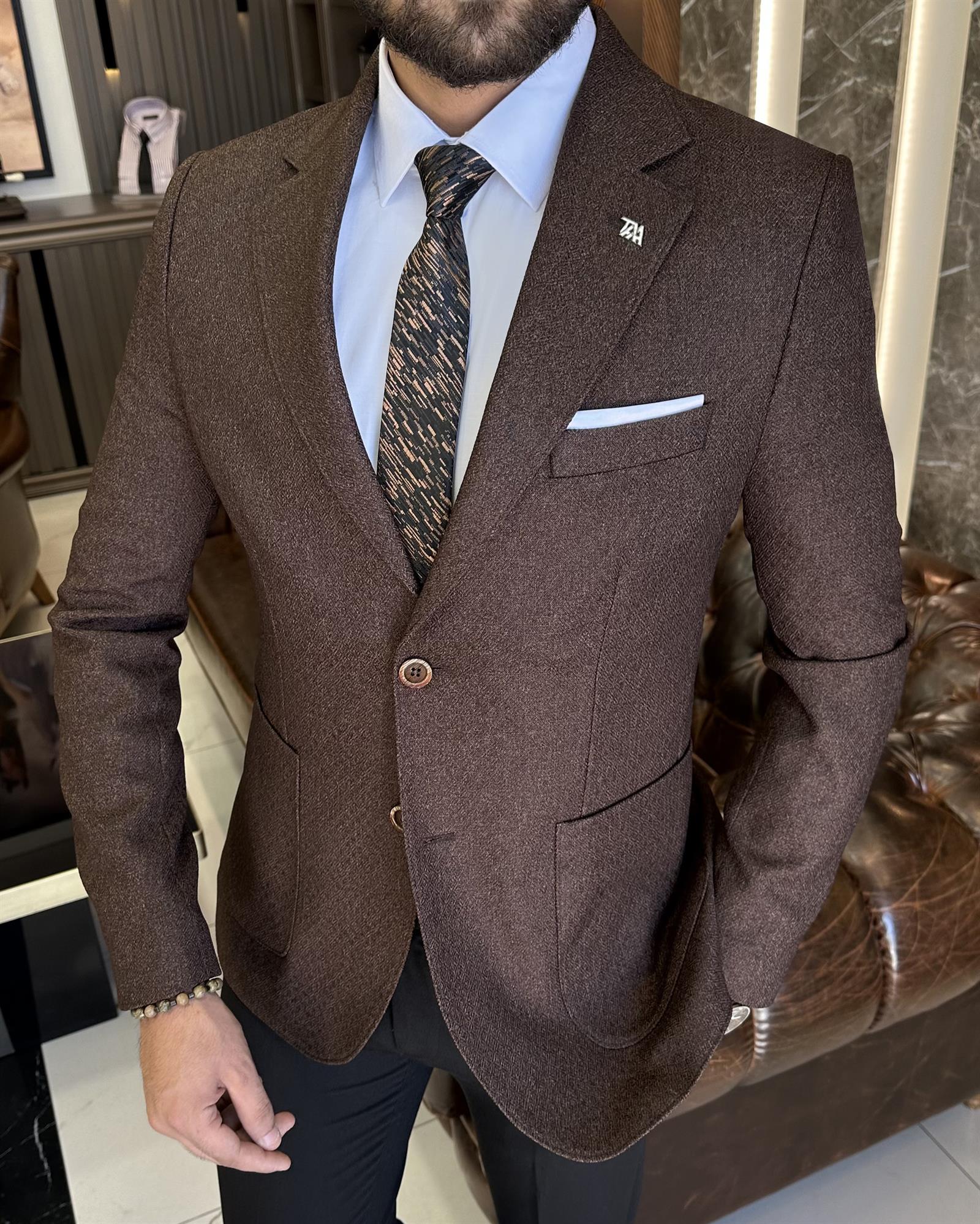 İtalyan stil slim fit mono yaka erkek ceket kahverengi T10056