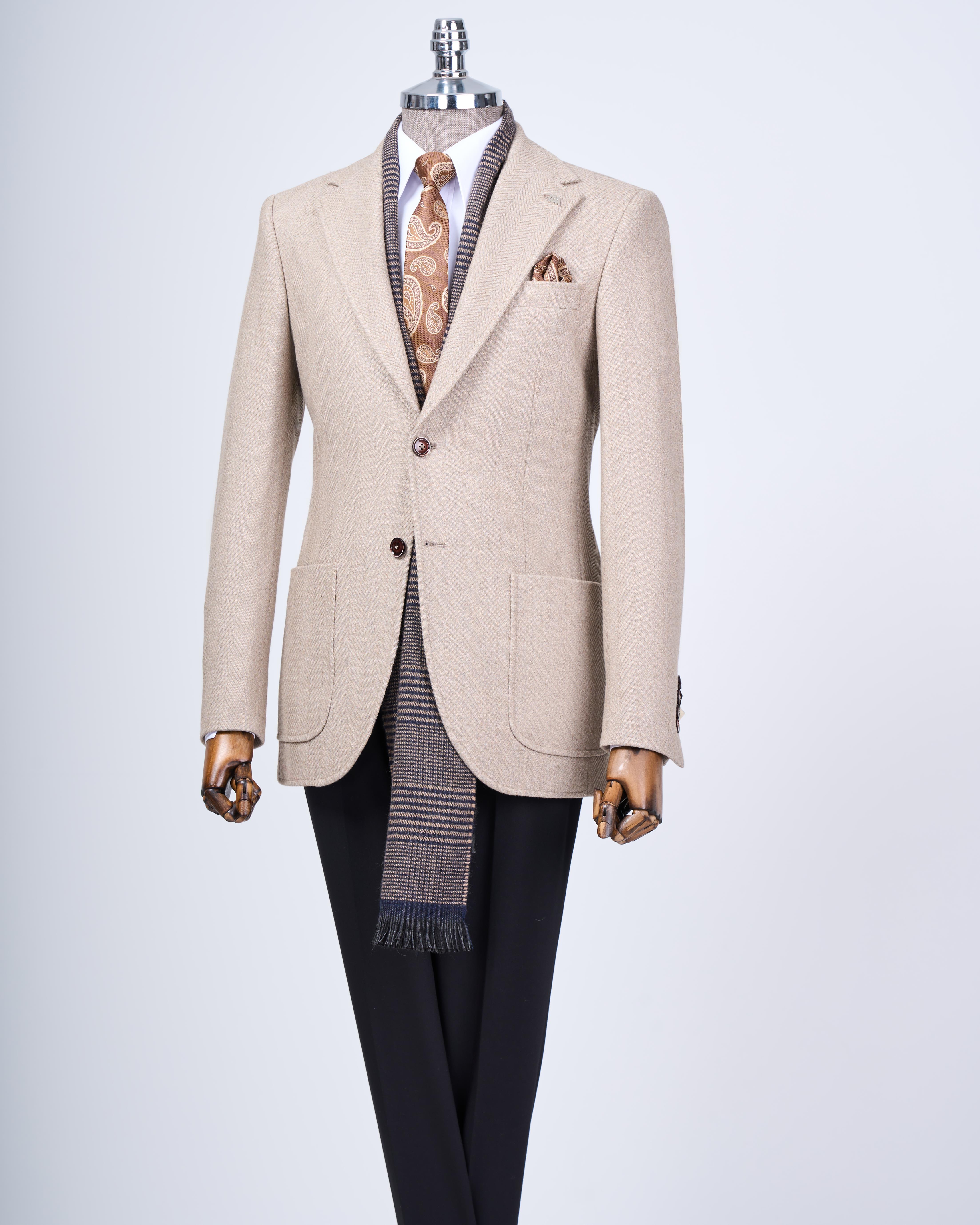 İtalyan stil slim fit mono yaka erkek tek ceket bej T13580