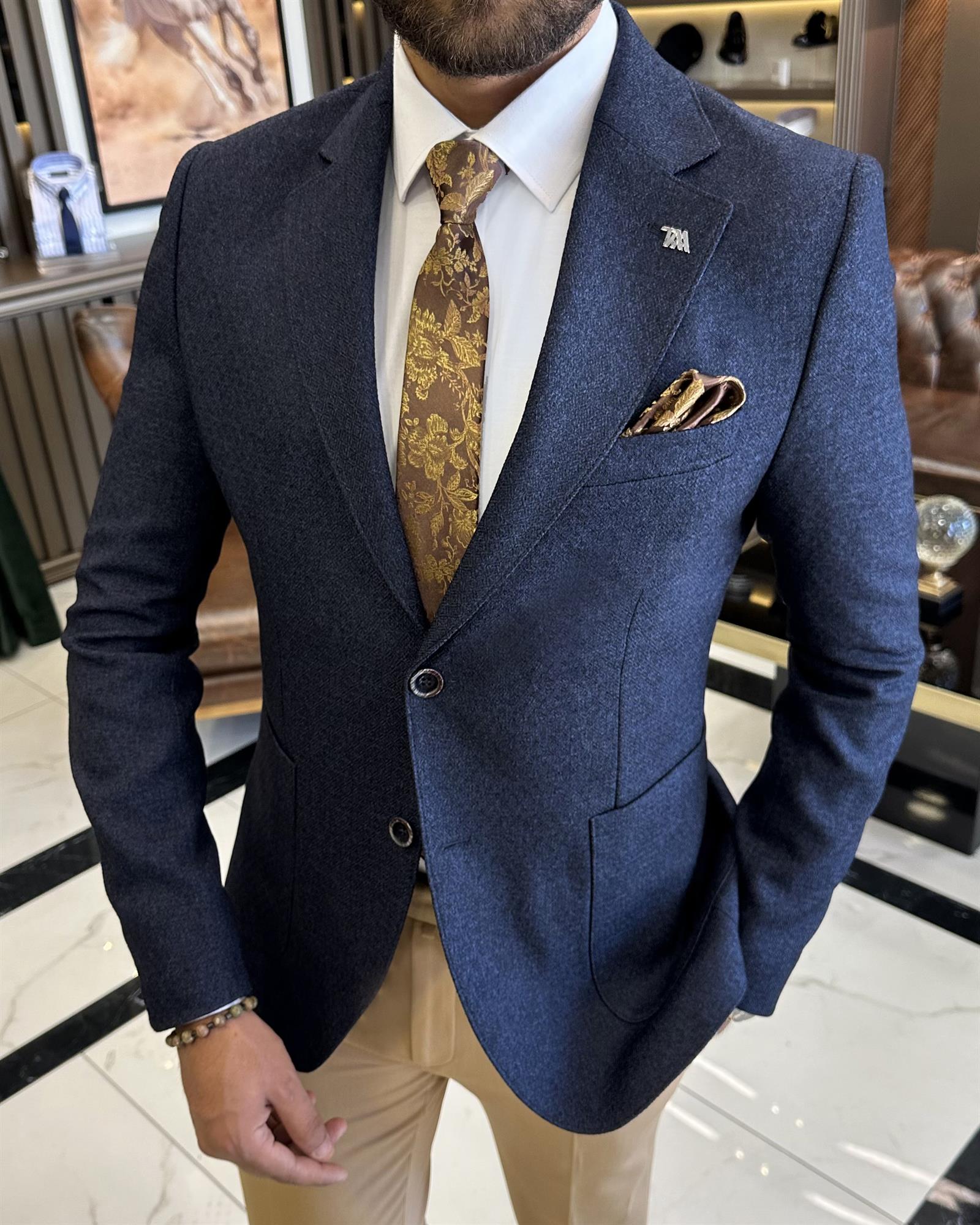 İtalyan stil slim fit mono yaka erkek ceket lacivert T10052