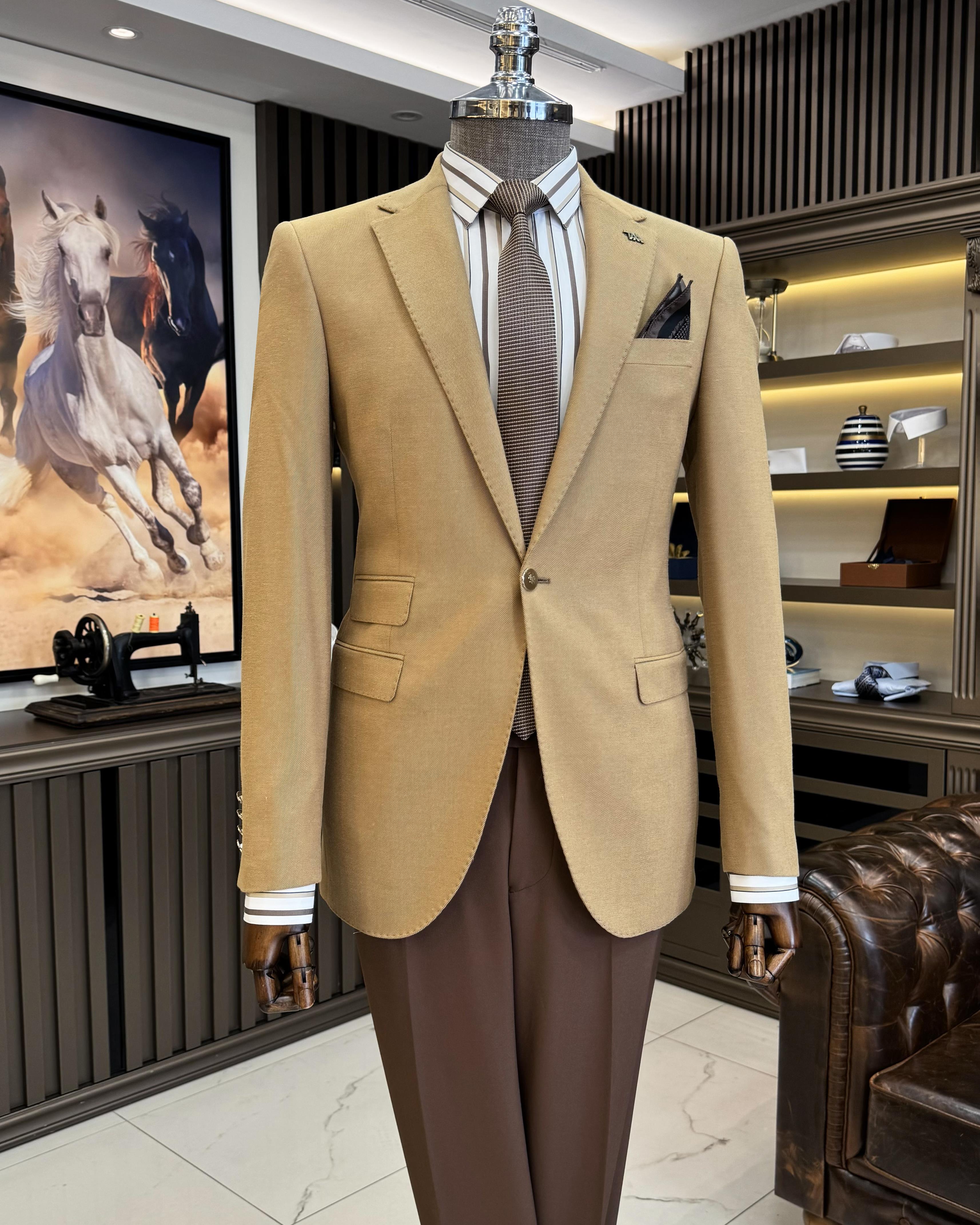 茶 teressa TerziAdemAltun İtalyan stil slim fit mono yaka erkek ceket camel