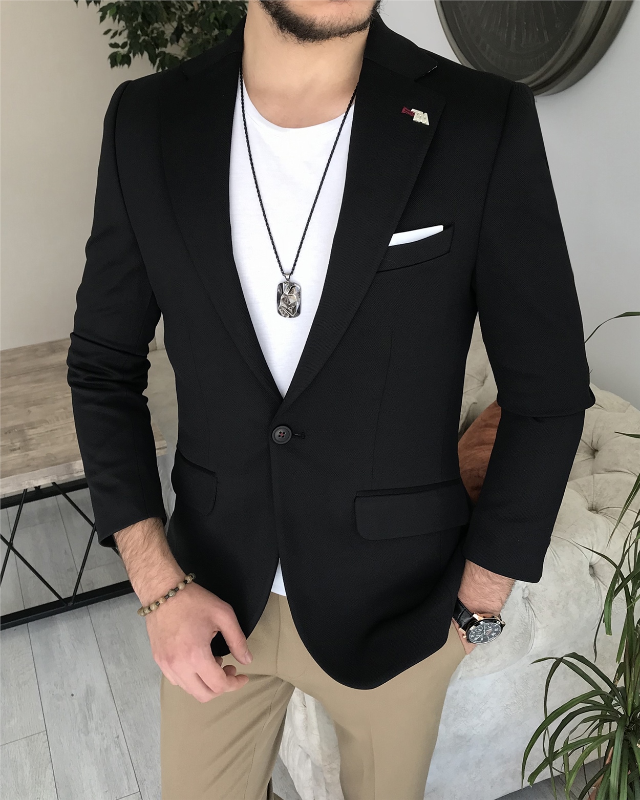 İtalyan stil slim fit mono yaka erkek tek ceket Siyah T8258
