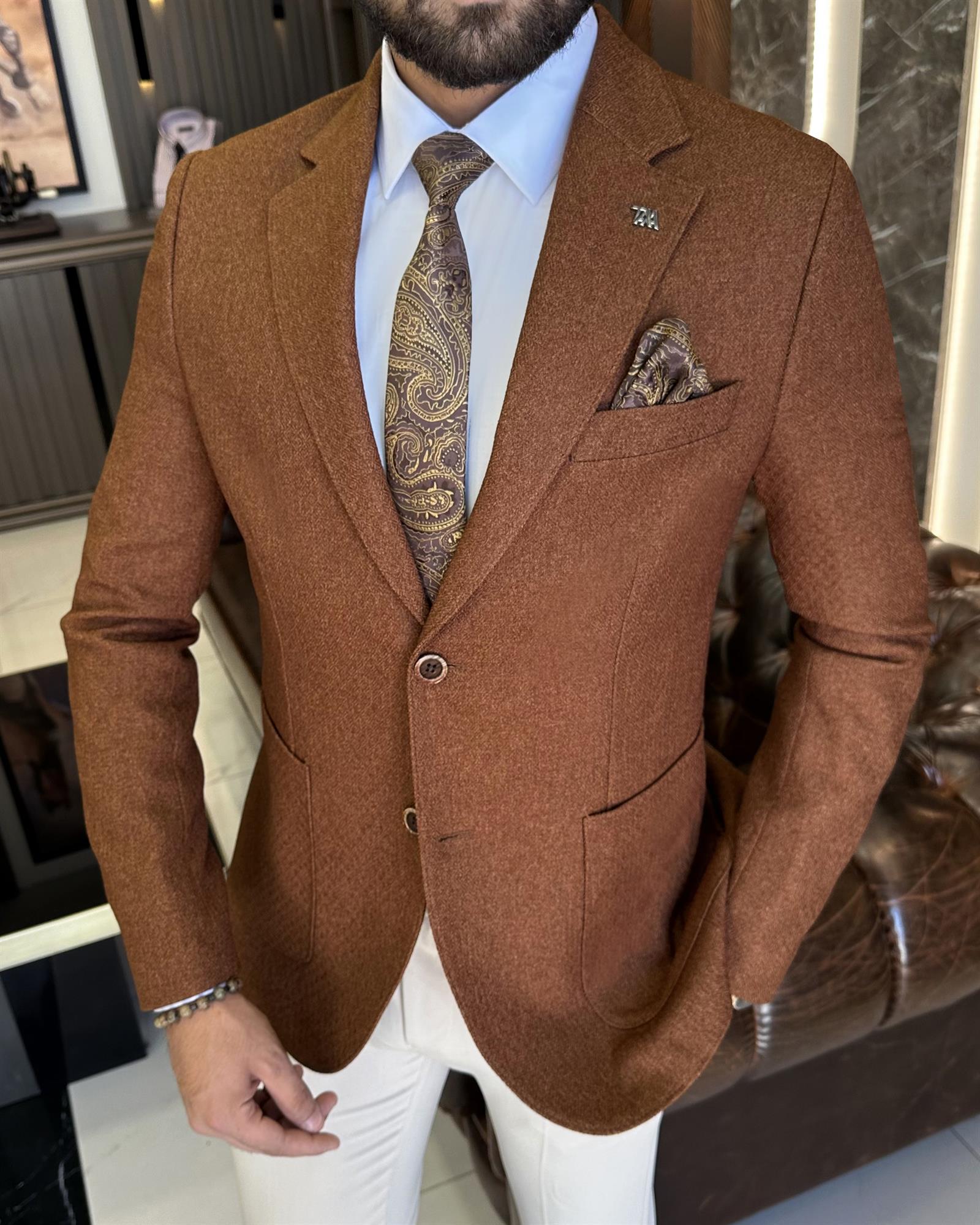 İtalyan stil slim fit mono yaka erkek ceket taba T10055