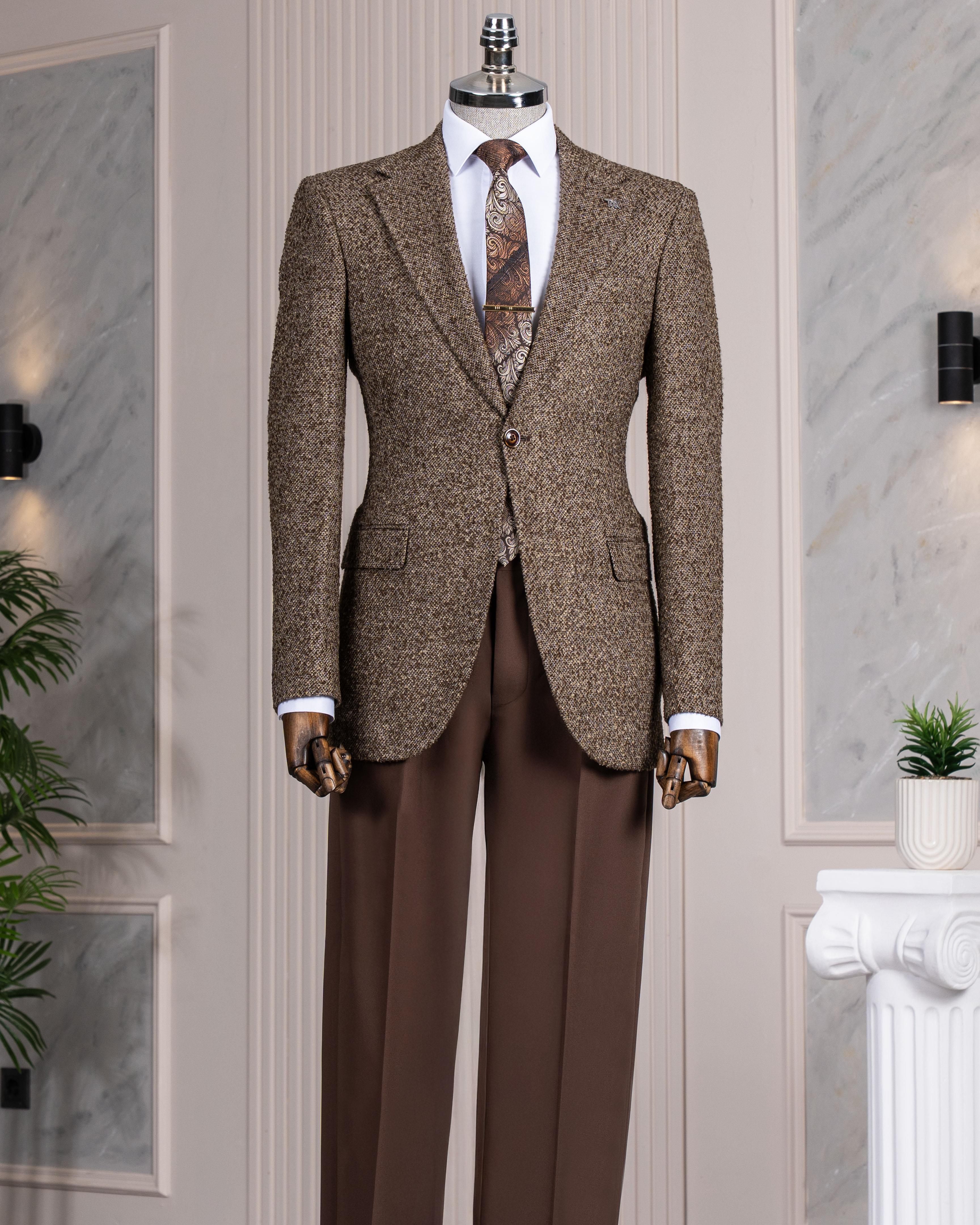 İtalyan stil slim fit mono yaka erkek tek ceket kahverengi T13540