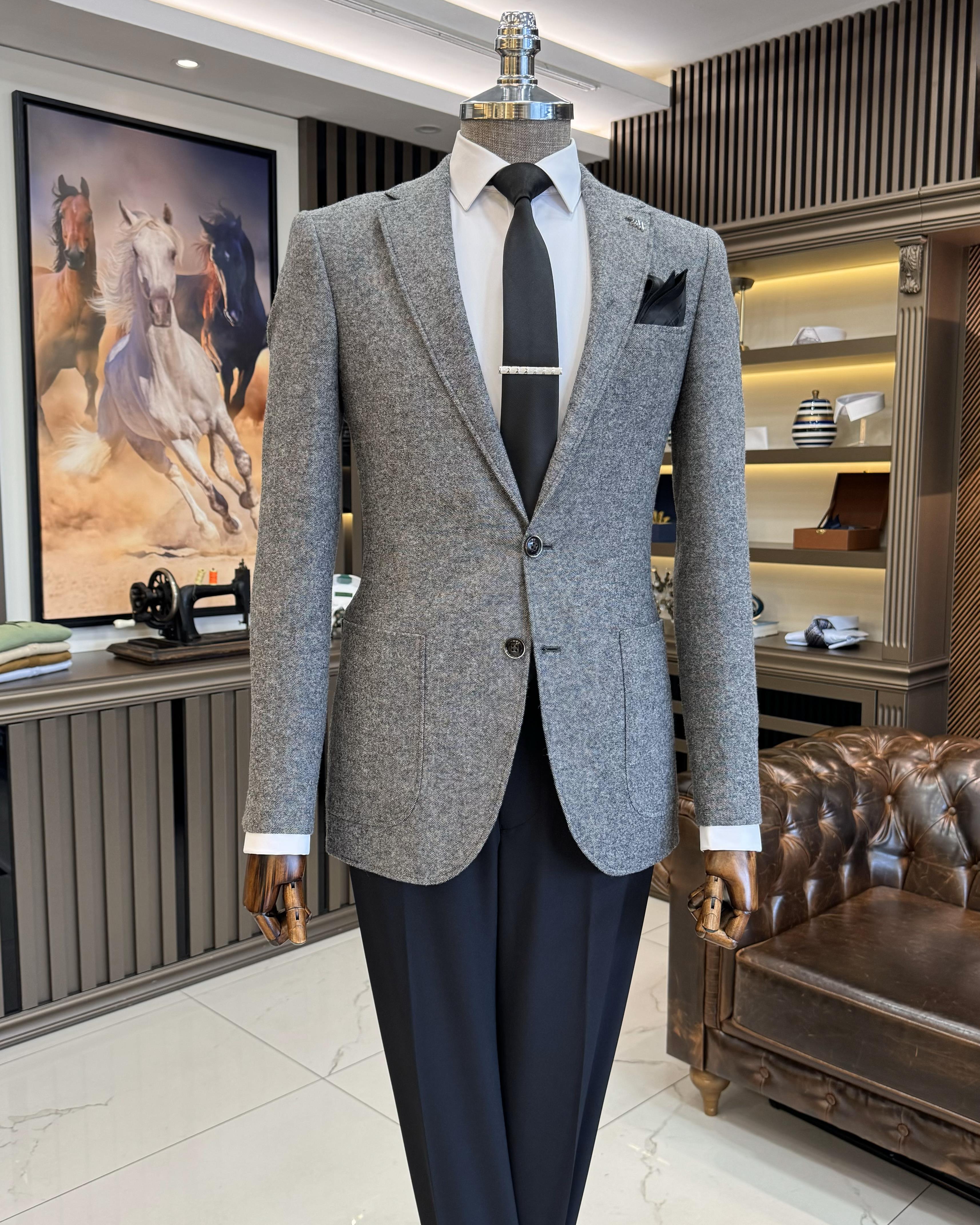 TerziAdemAltun İtalyan stil slim fit mono yaka erkek ceket siyah