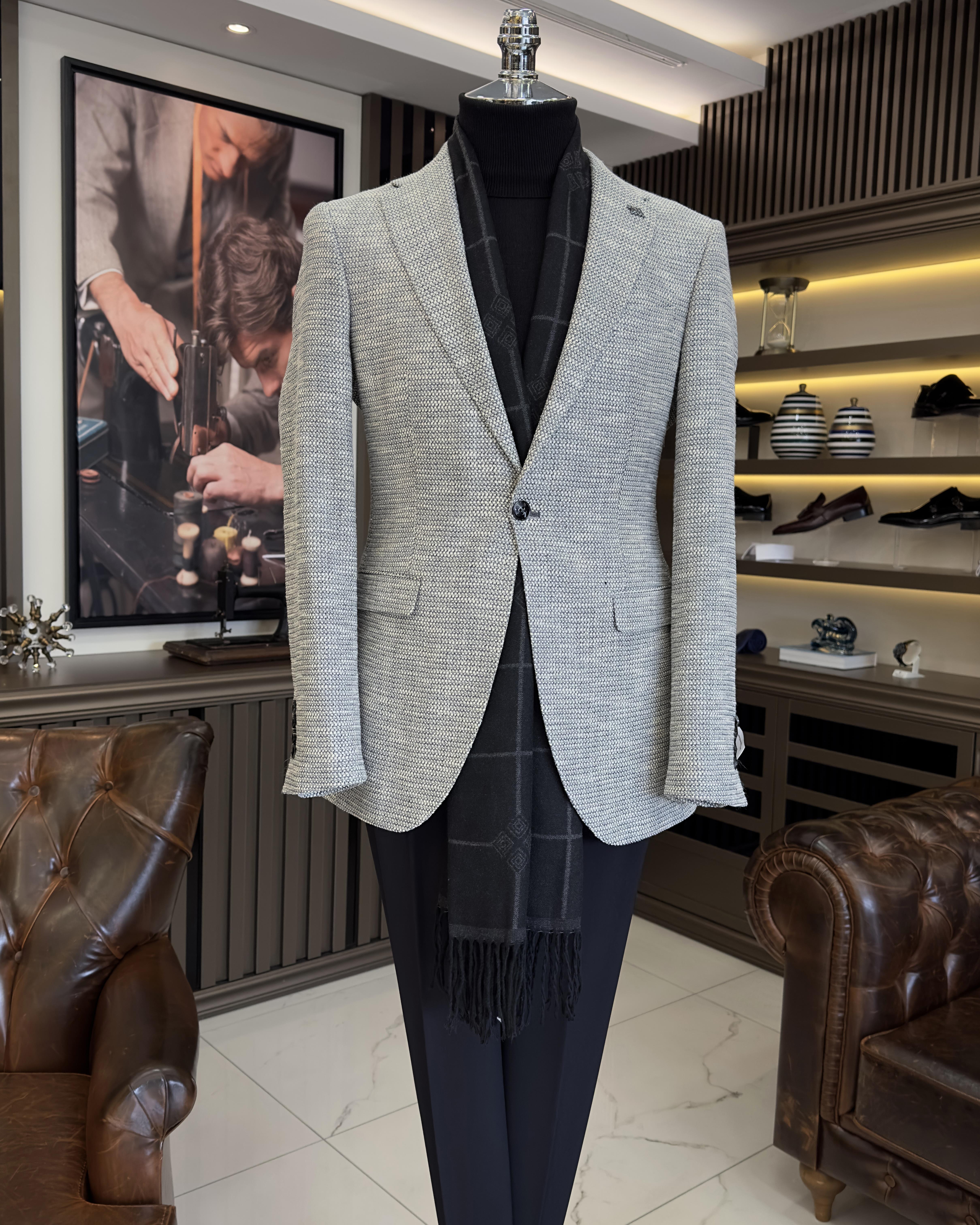 İtalyan stil slim fit mono yaka erkek ceket gri T11013