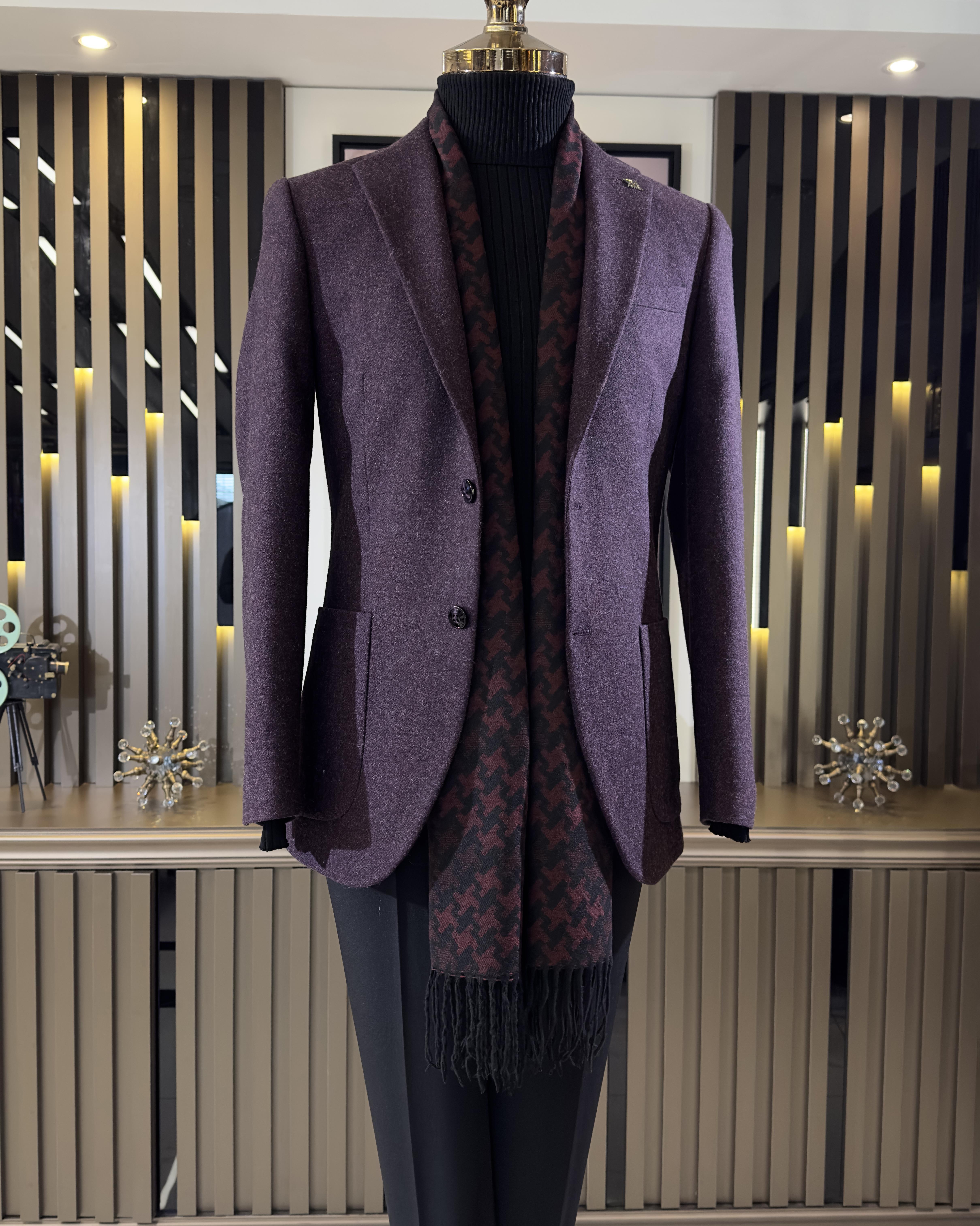 İtalyan stil slim fit mono yaka kaşe erkek ceket mürdüm T10927