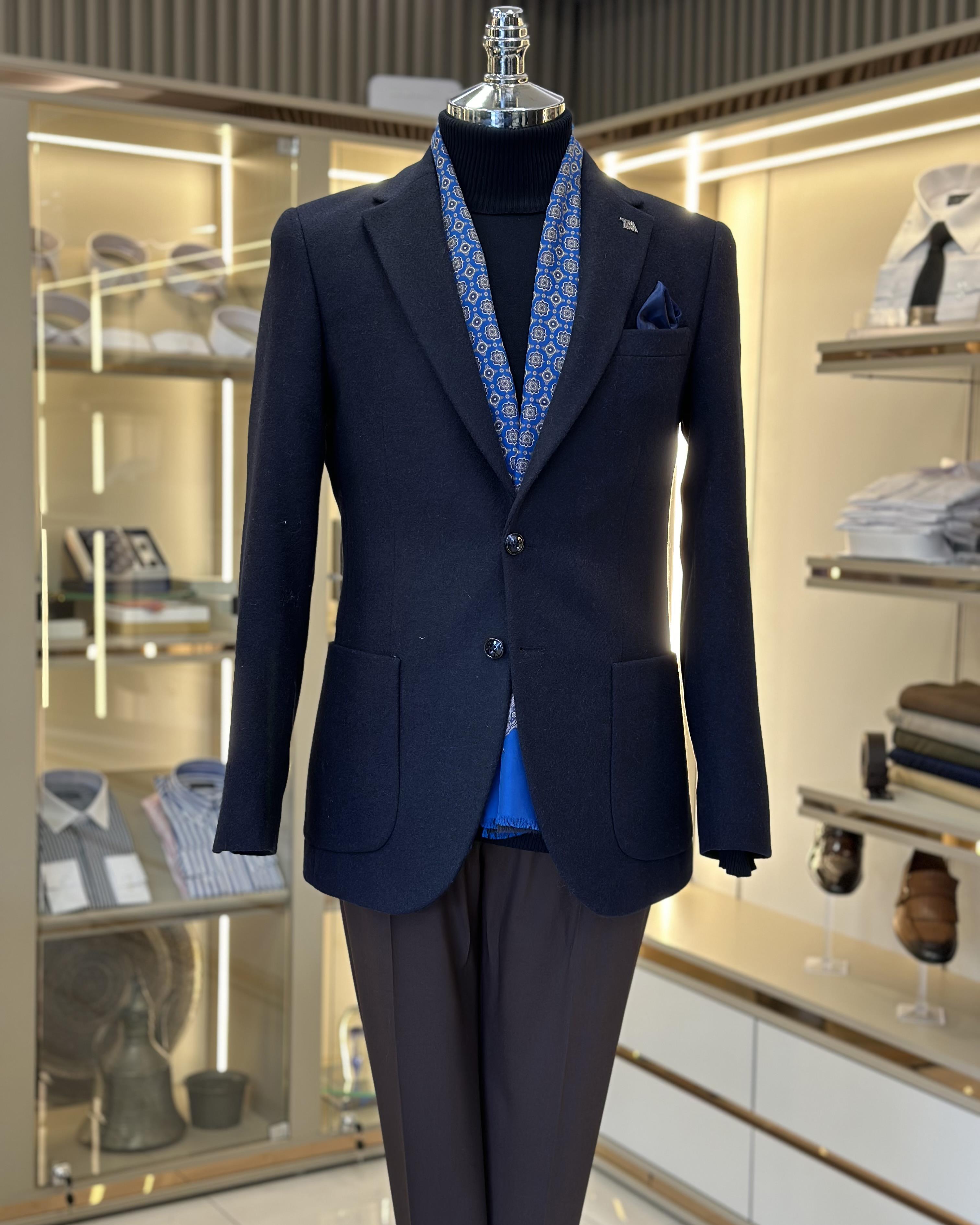 İtalyan stil slim fit mono yaka kaşe erkek ceket lacivert T10924