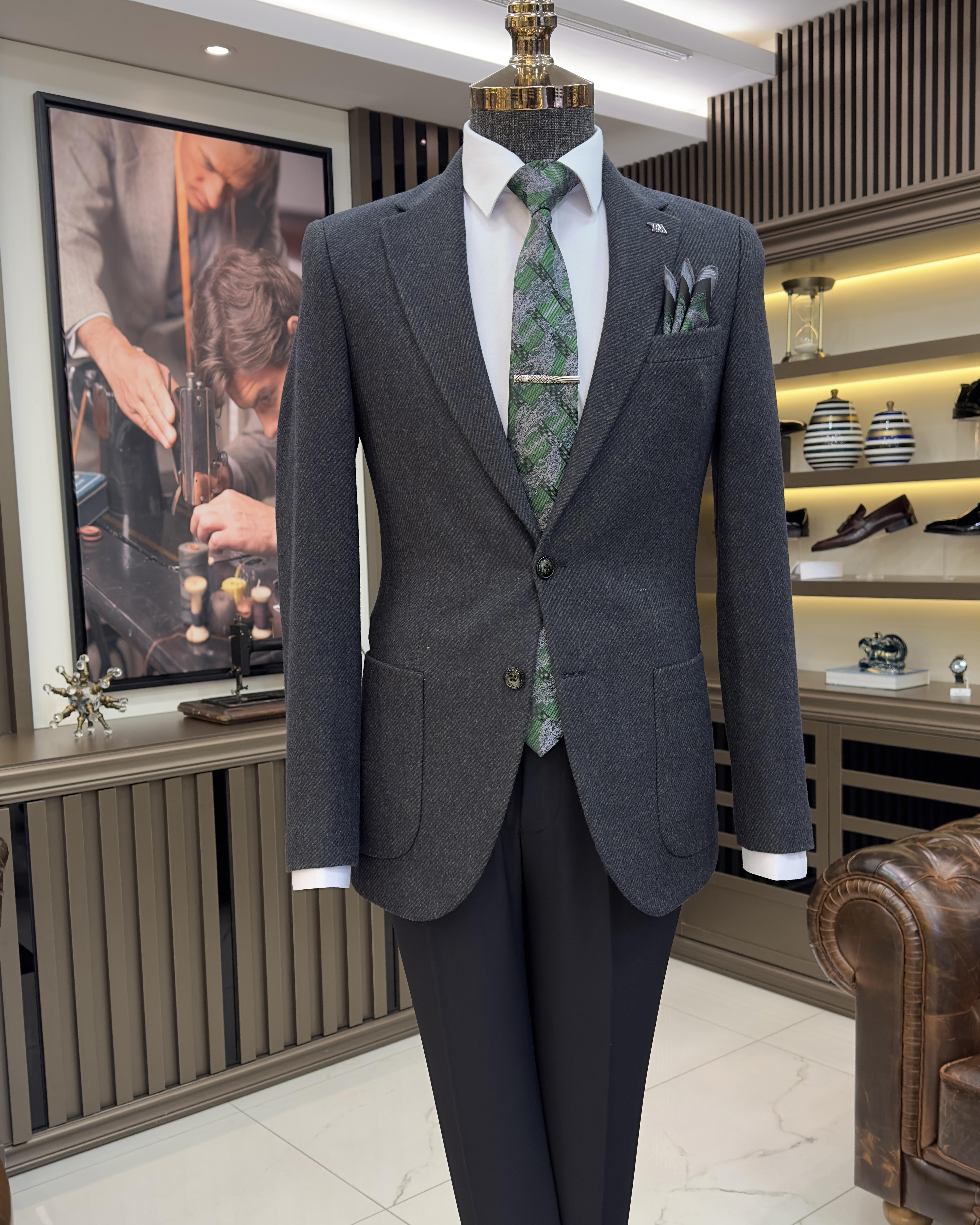 İtalyan stil slim fit mono yaka kaşe erkek ceket yeşil T10923