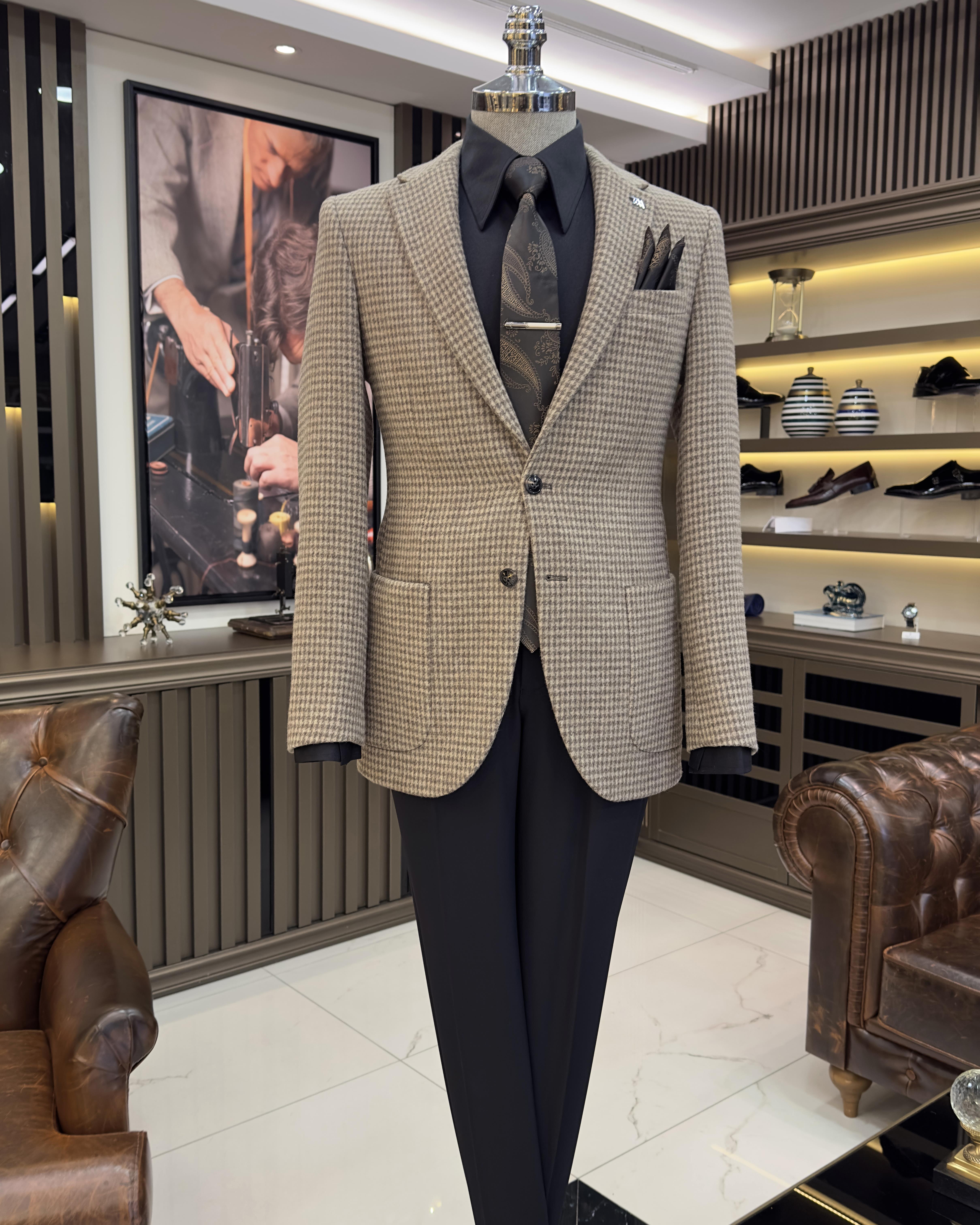 İtalyan stil slim fit mono yaka kaşe erkek ceket vizon T10930