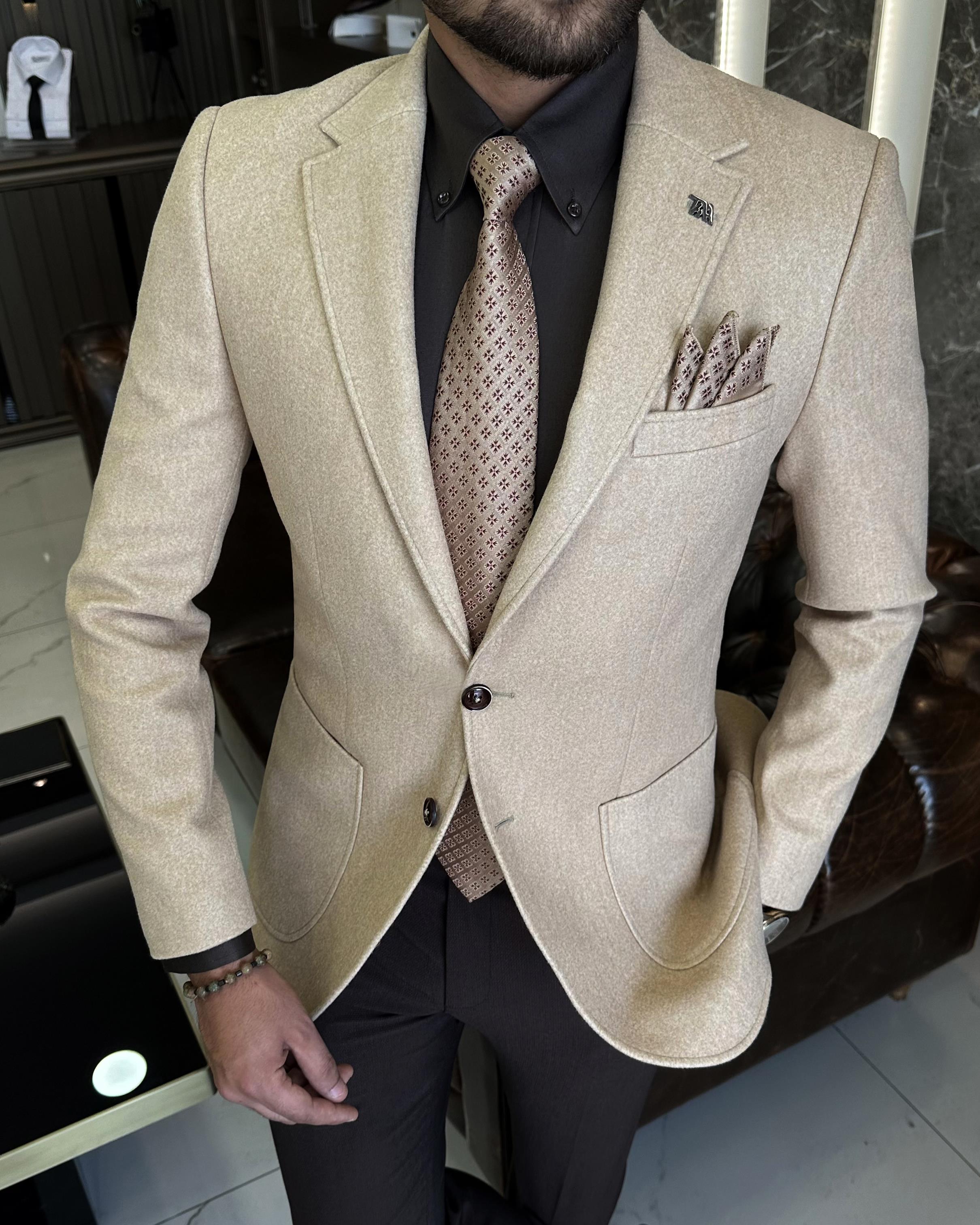 İtalyan stil slim fit mono yaka kaşe erkek ceket camel T10492