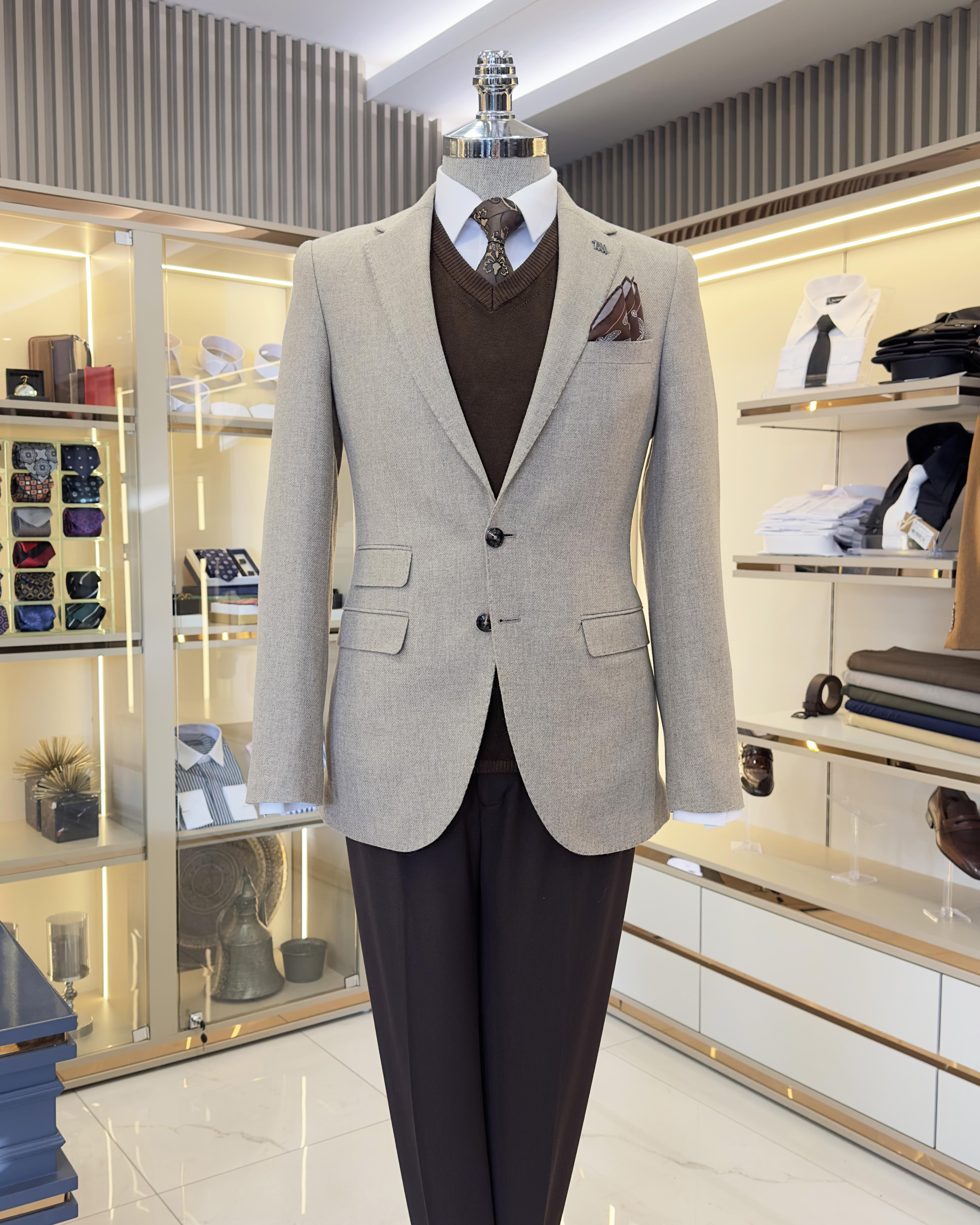 İtalyan stil slim fit mono yaka kaşe erkek ceket bej T10943