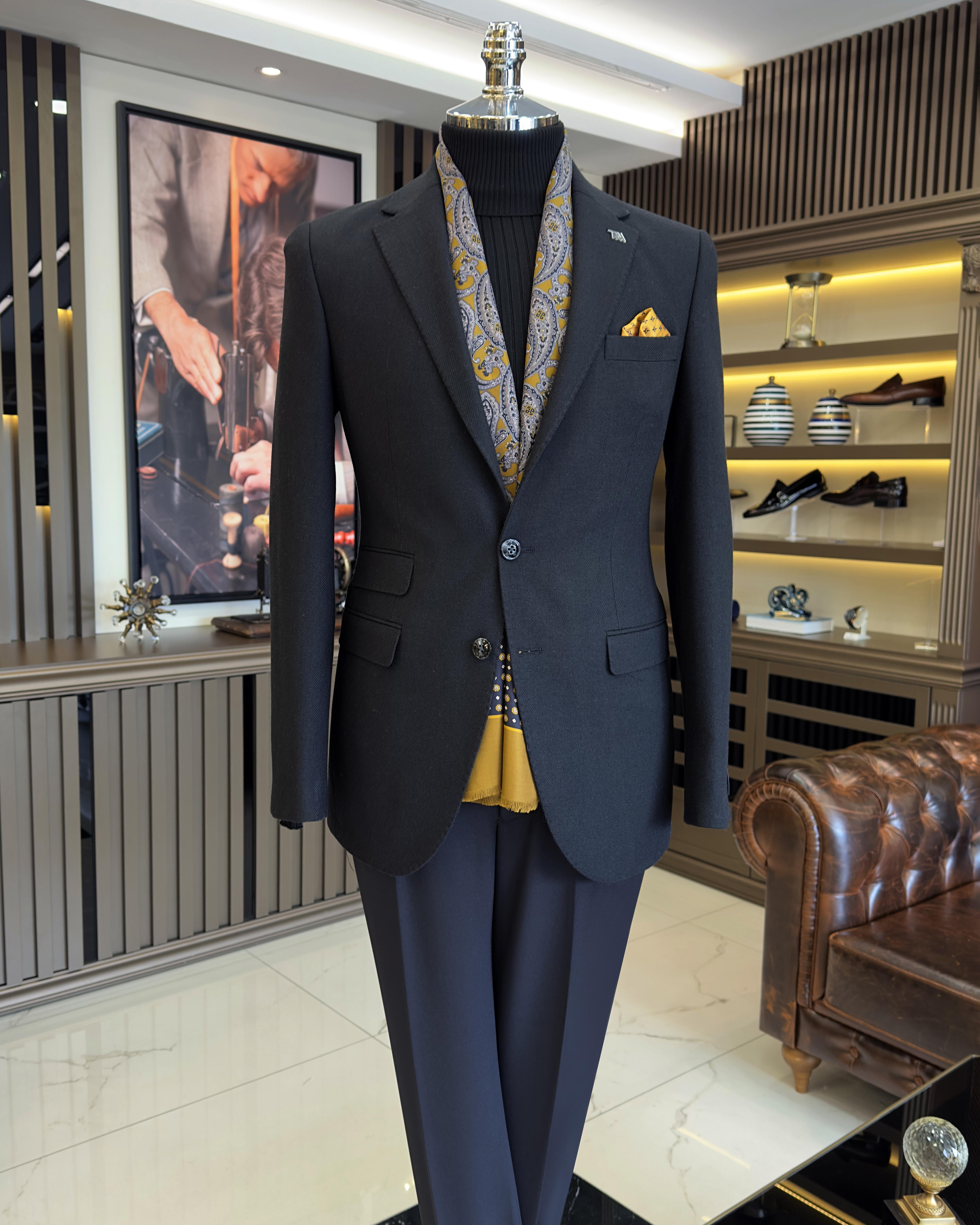 İtalyan stil slim fit mono yaka kaşe erkek ceket siyah T10937