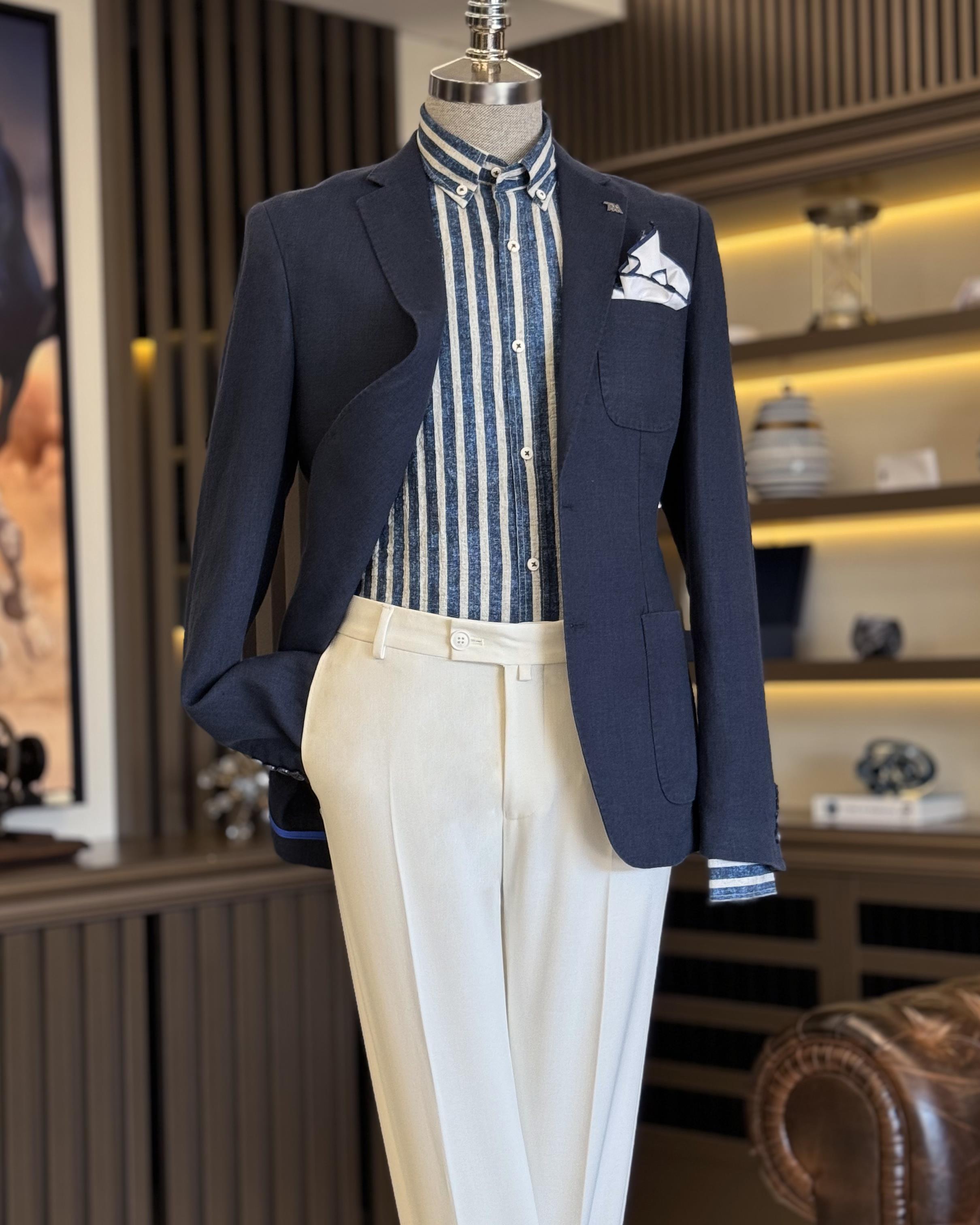 italyan stil slim fit mono yaka keten erkek ceket lacivert T11673