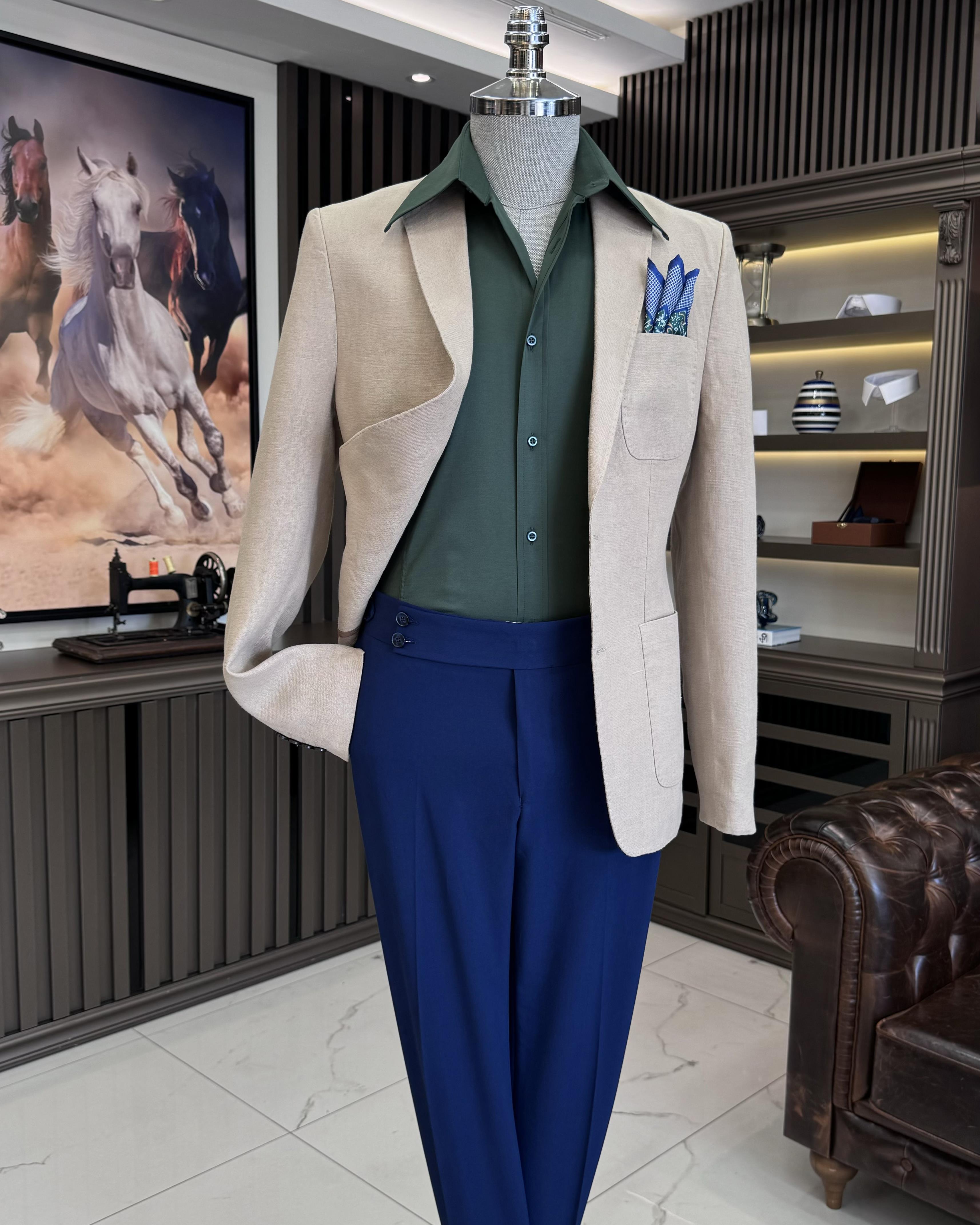 italyan stil slim fit mono yaka keten erkek ceket bej T11674