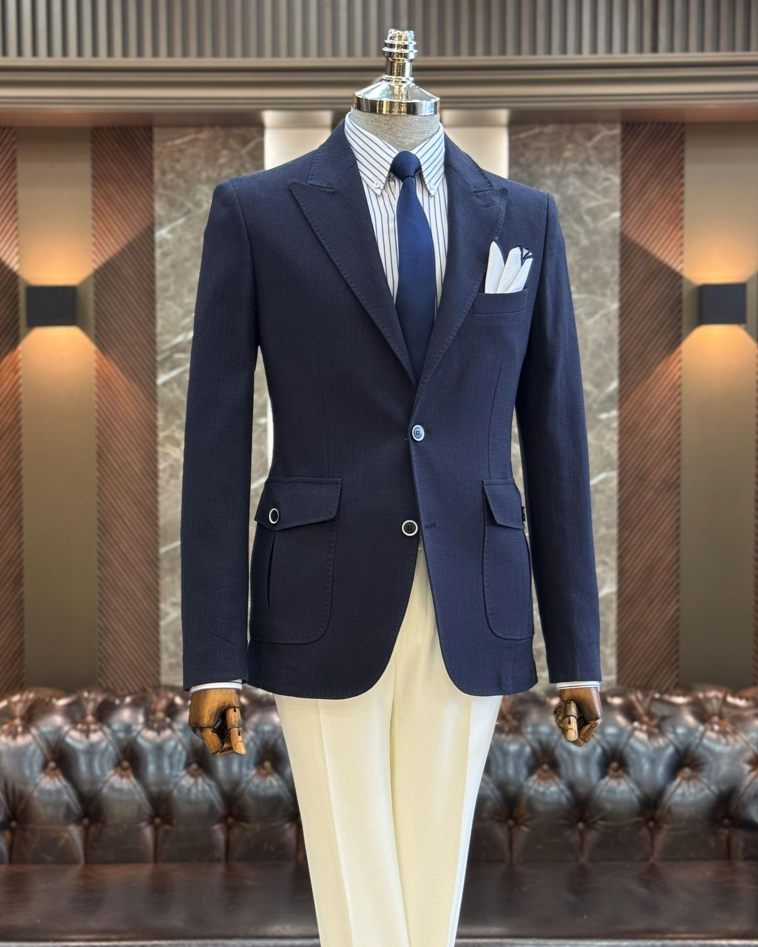 italyan stil slim fit mono yaka keten erkek ceket lacivert T11671