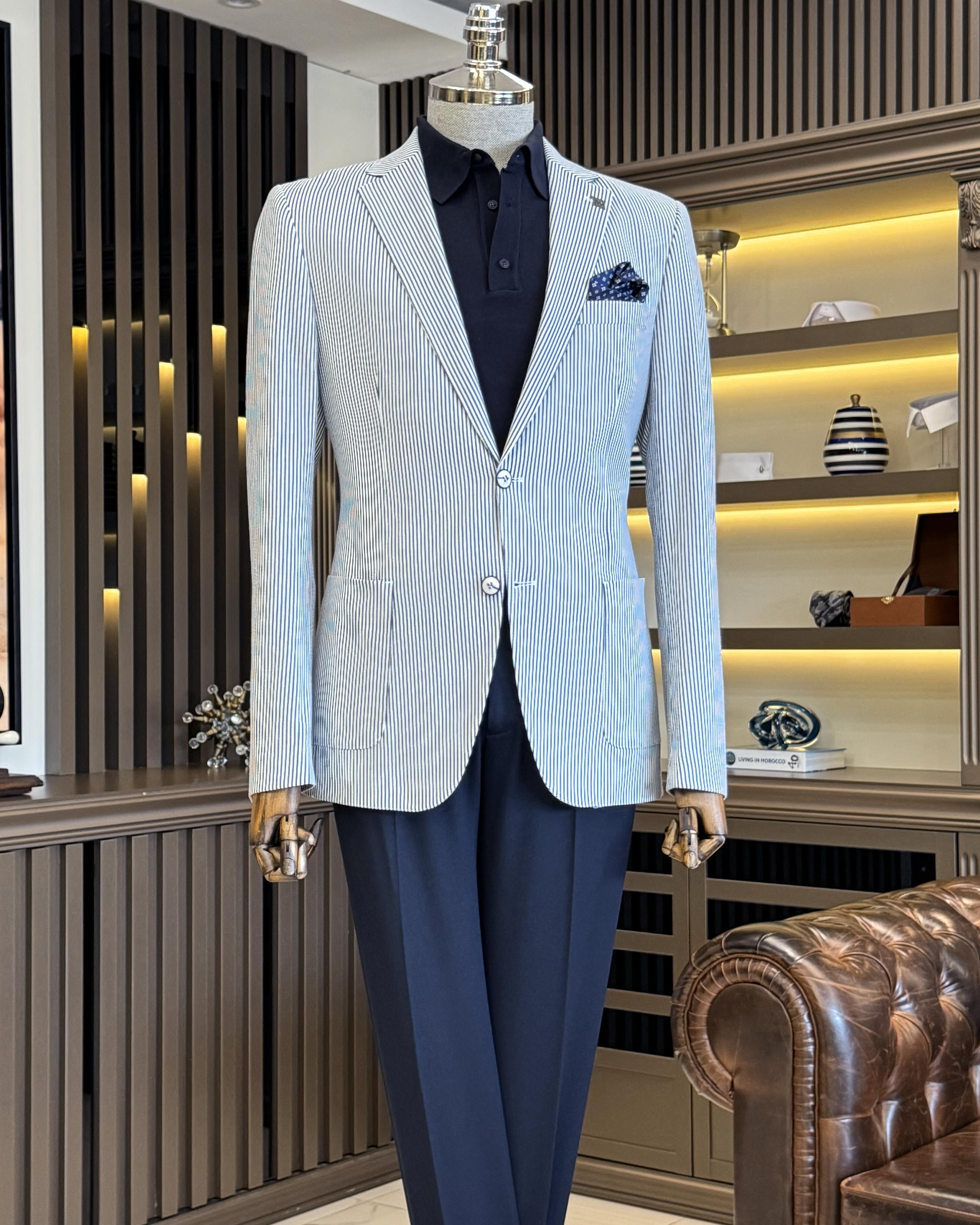 italyan stil slim fit mono yaka pamuk karışımlı çizgili erkek ceket mavi T11676