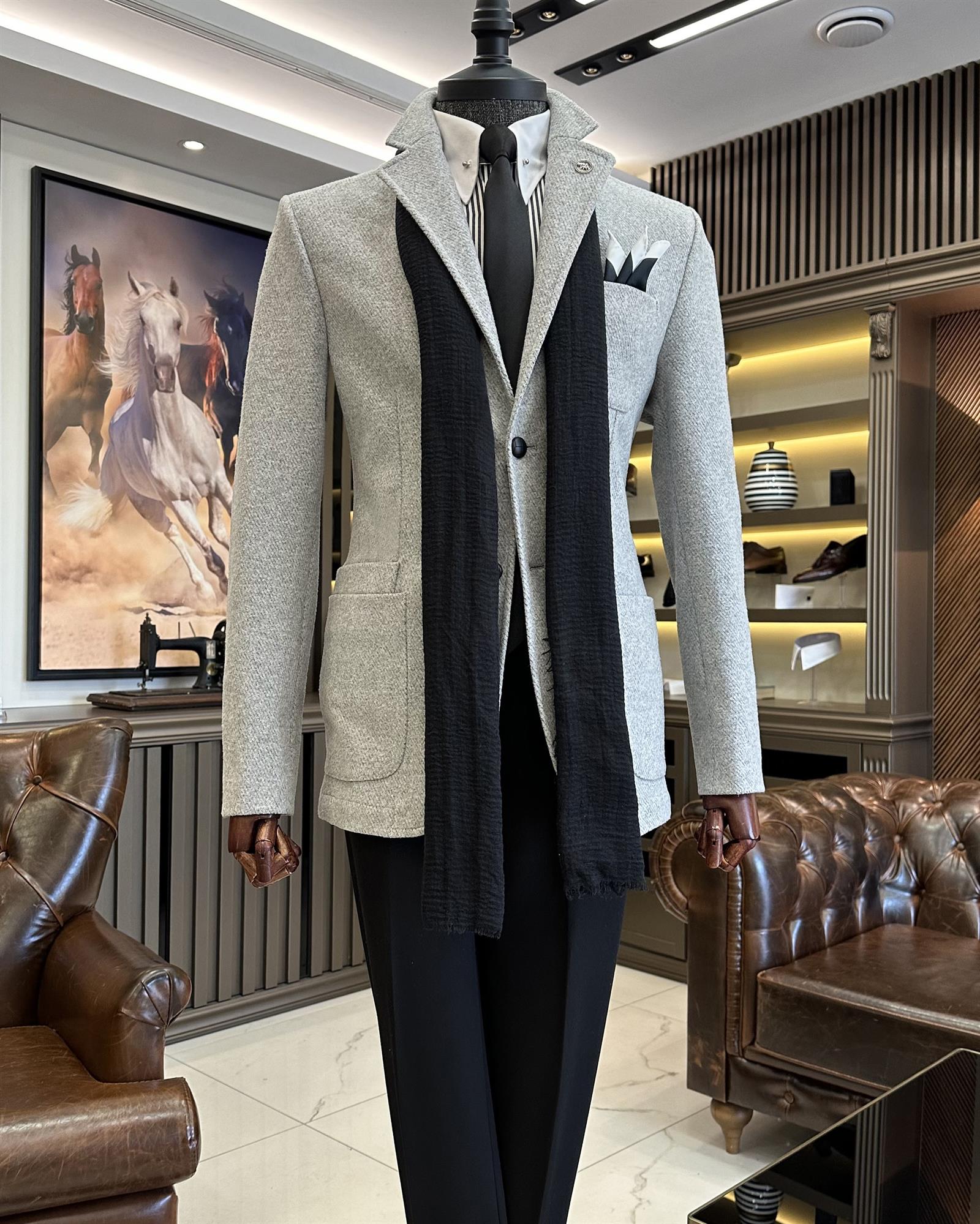 İtalyan stil slim fit mono yaka torba cep erkek ceket gri T10359