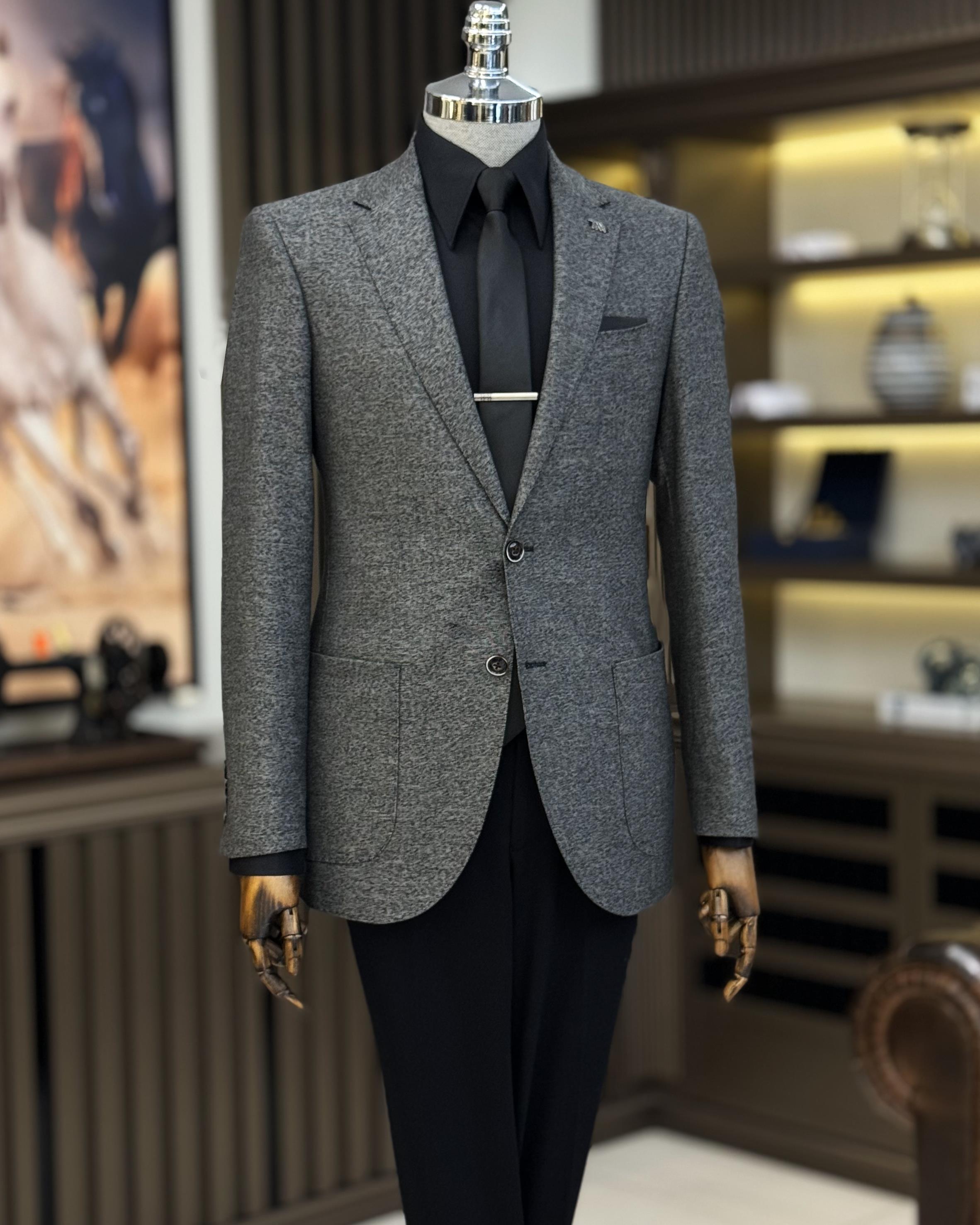 İtalyan stil slim fit mono yaka torba cep erkek ceket siyah T11511