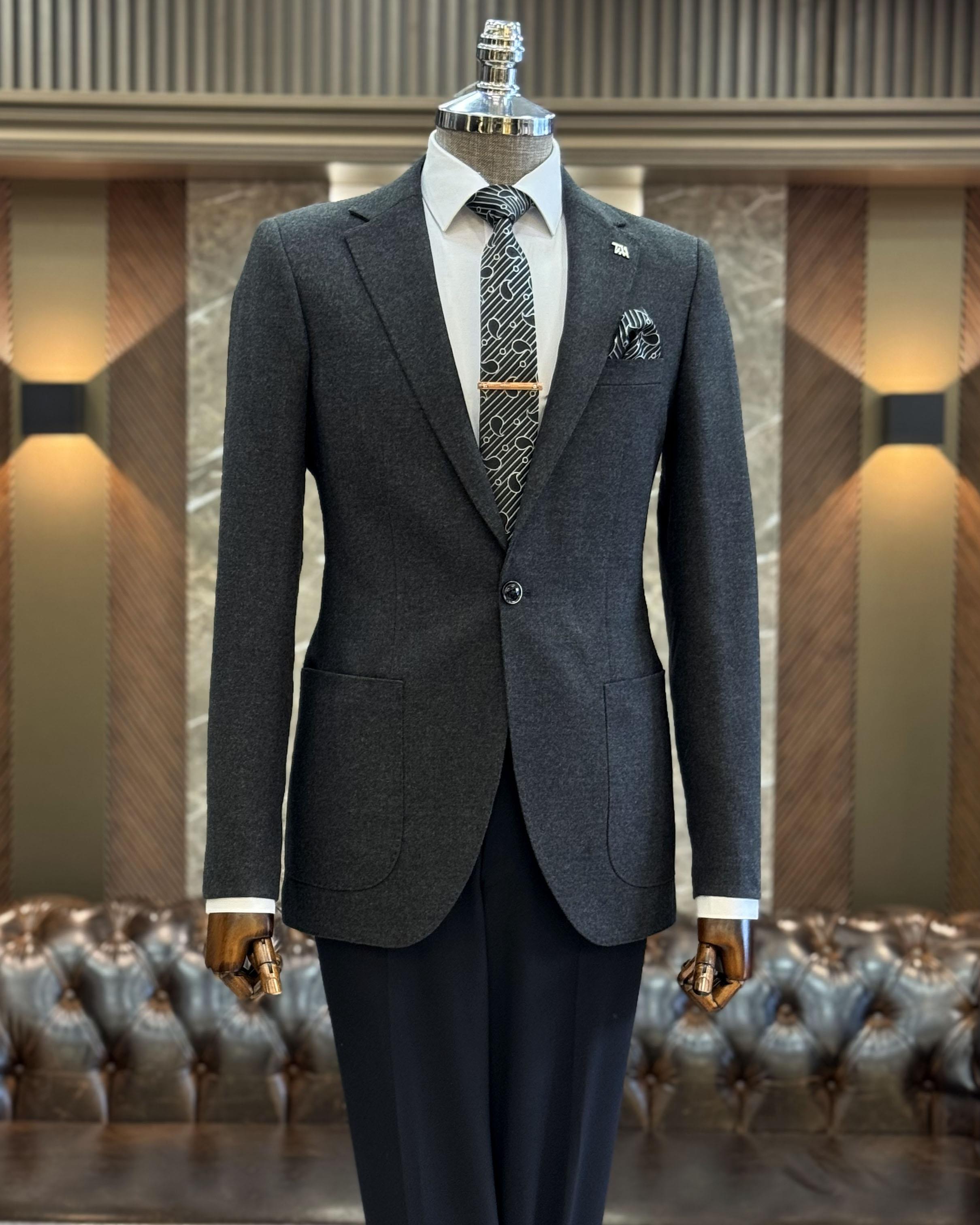 İtalyan stil slim fit mono yaka torba cep erkek ceket antrasit T10345
