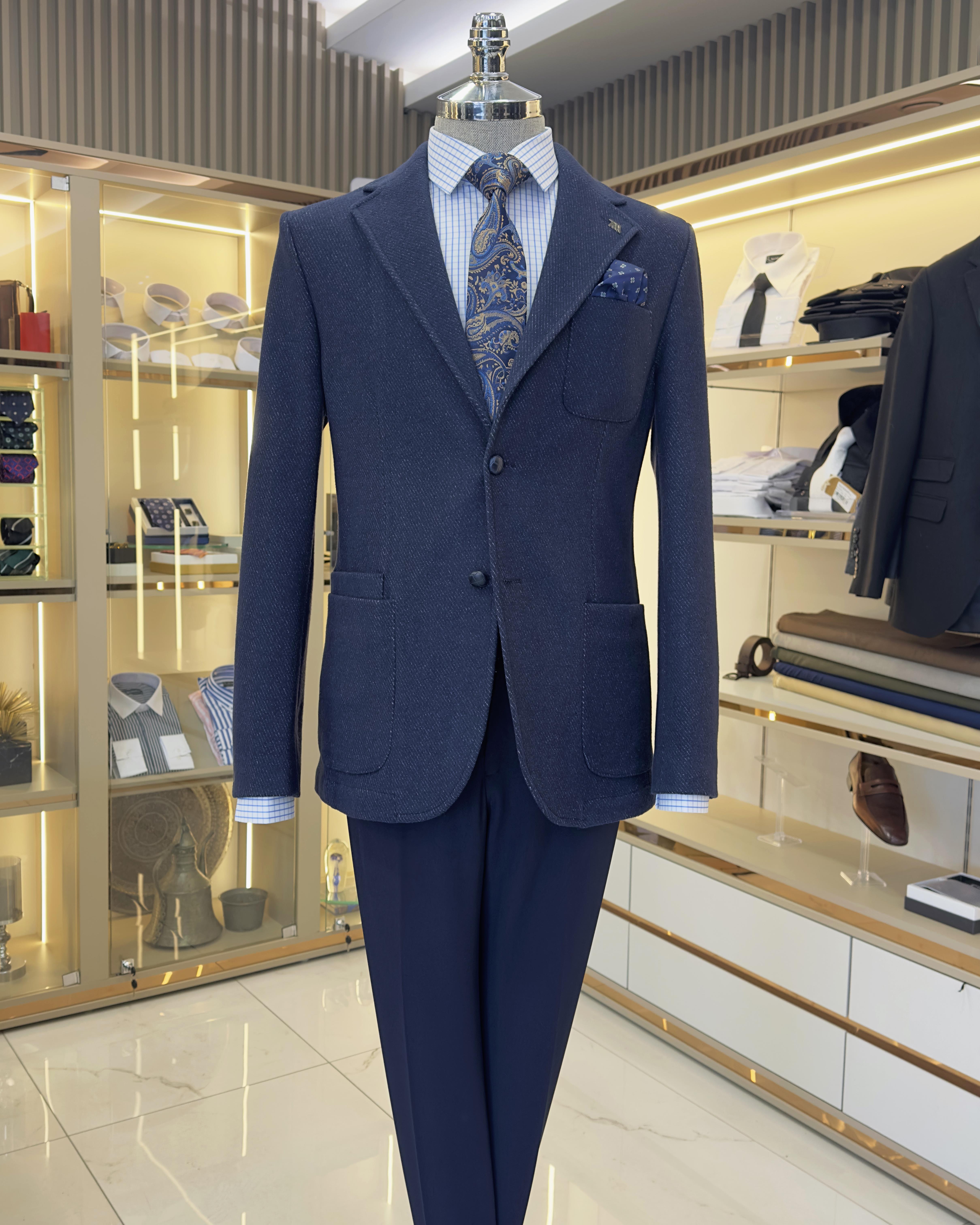 Italian style slim fit mono collar bag pocket men's jacket navy blue T10358
