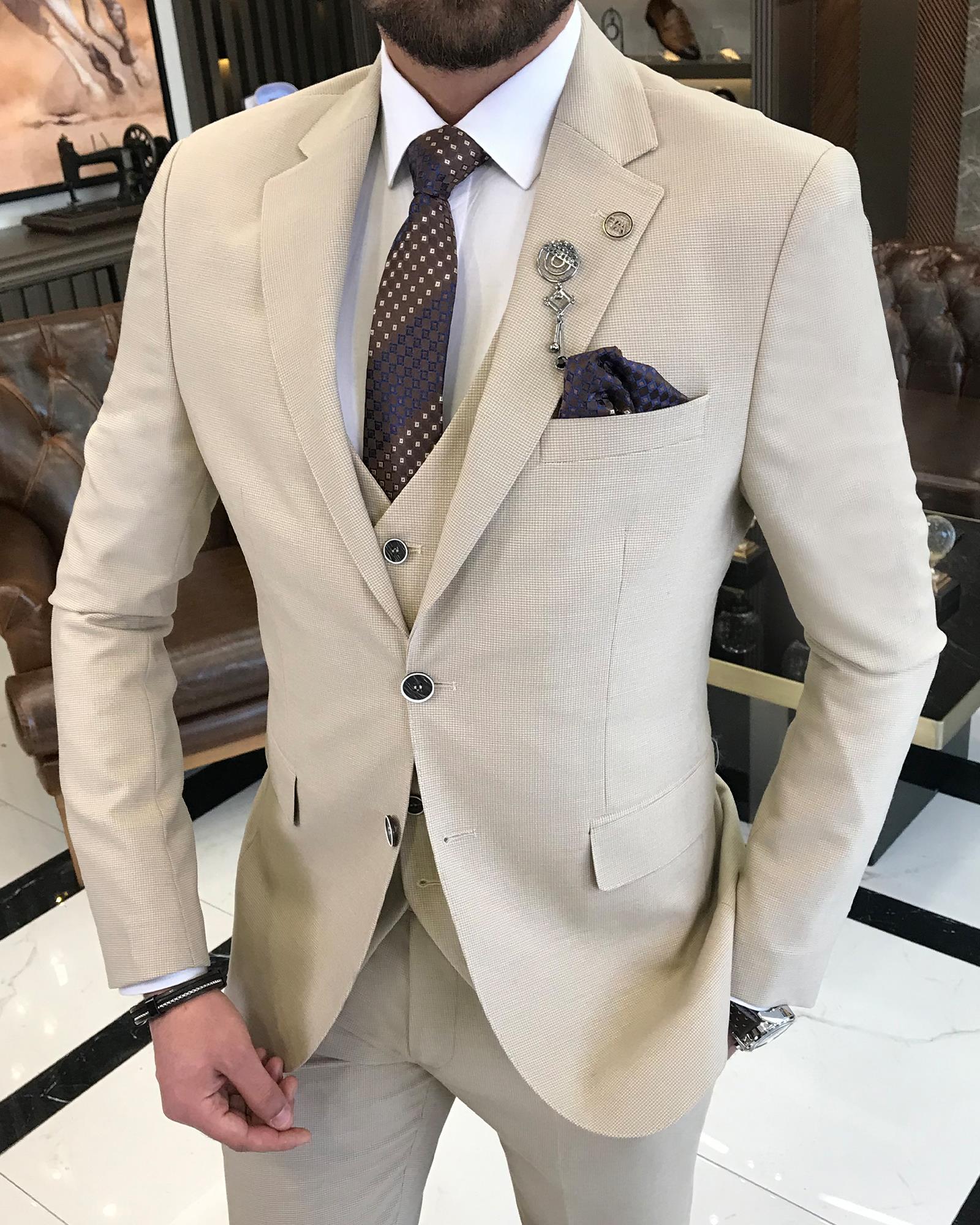 Italian style slim fit cotton linen blended jacket vest pant suit beige T9367