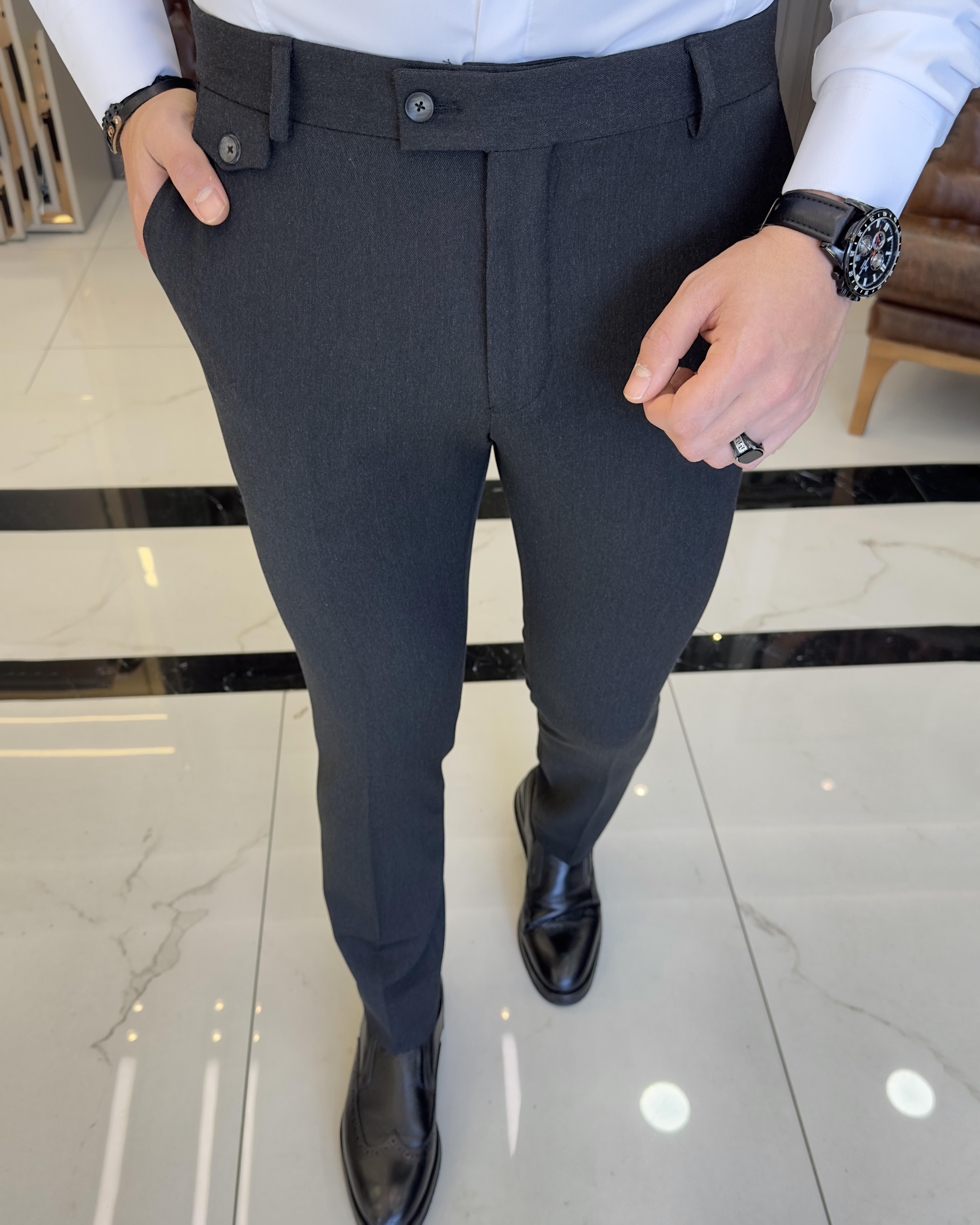 İtalyan stil slim fit pileli kalın kumaş erkek pantolon antrasit T9902