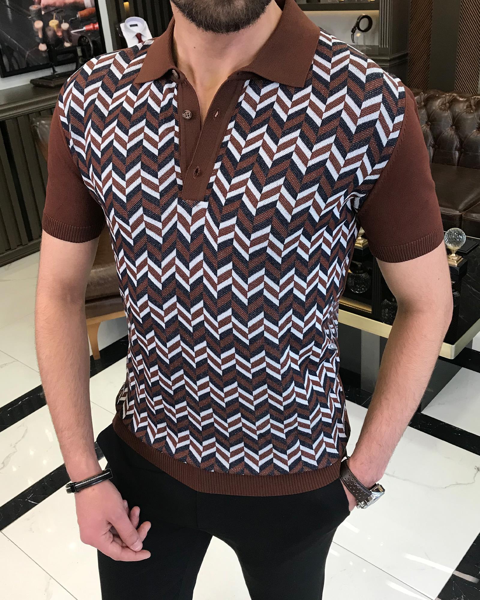 Italian style slim fit polo collar patterned knit t-shirt brown T9470