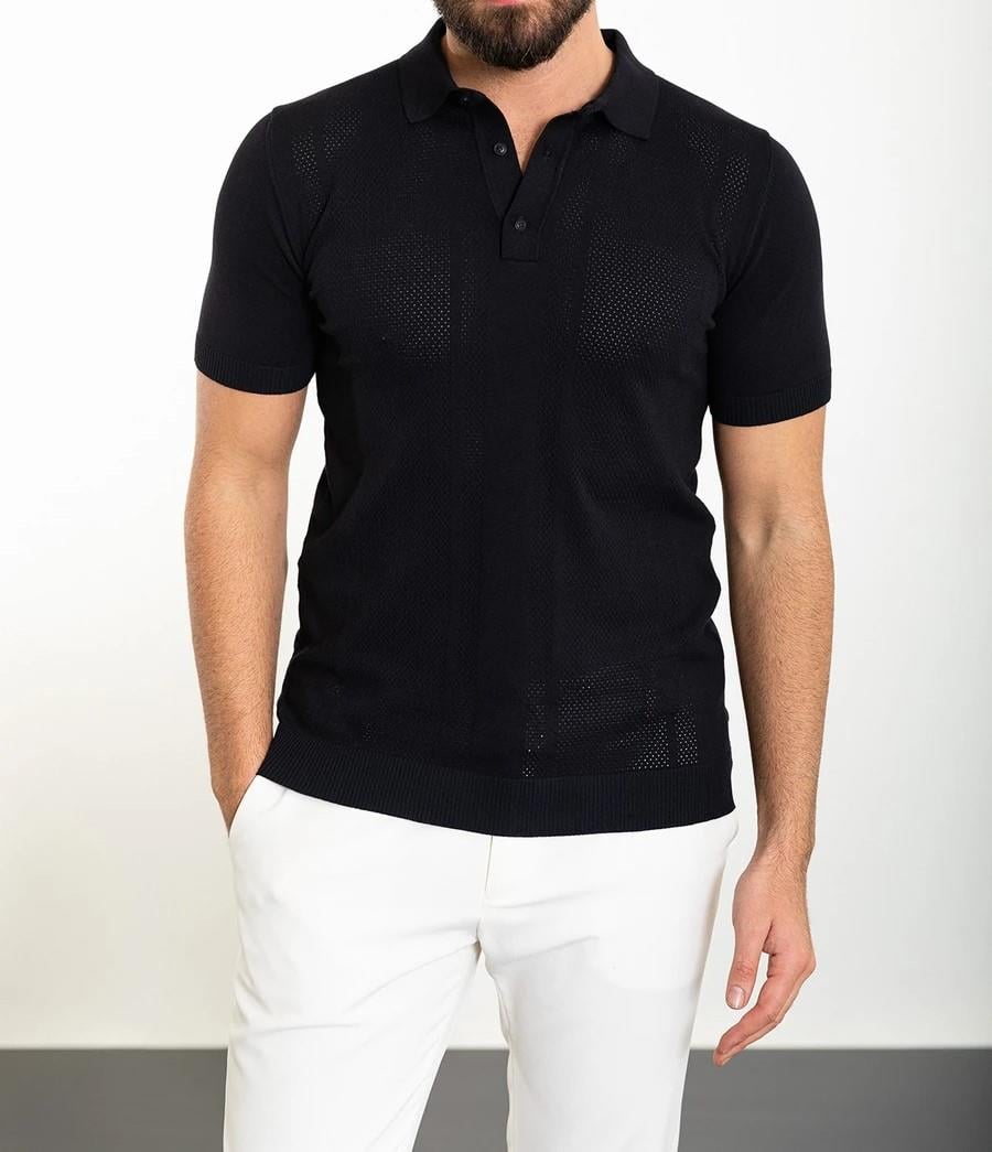 İtalyan stil slim fit polo yaka düğmeli triko tişört lacivert T11750