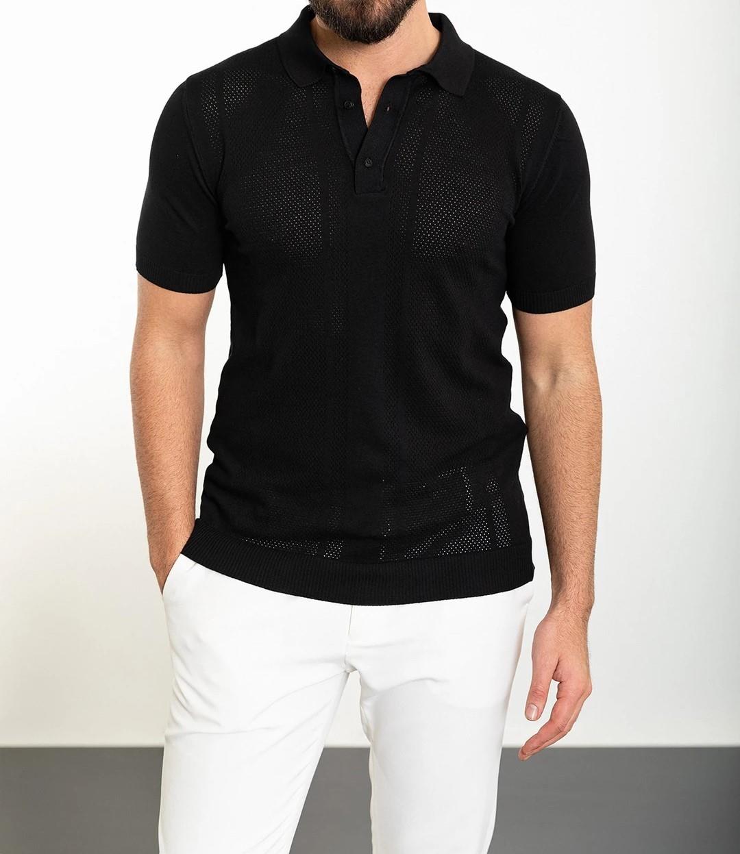 İtalyan stil slim fit polo yaka düğmeli triko tişört siyah T11749