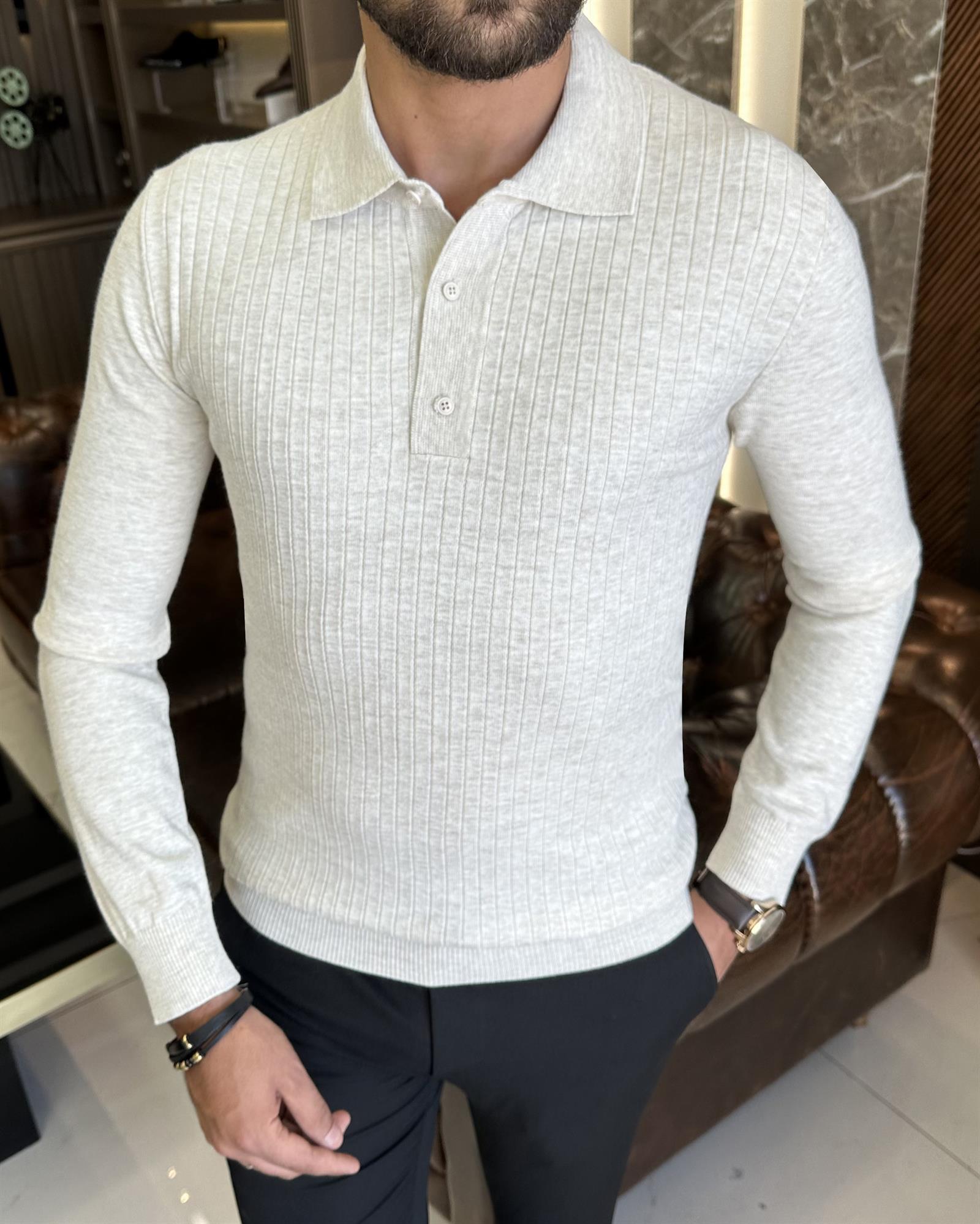 İtalyan stil slim fit polo yaka düğmeli triko erkek kazak bej T10178