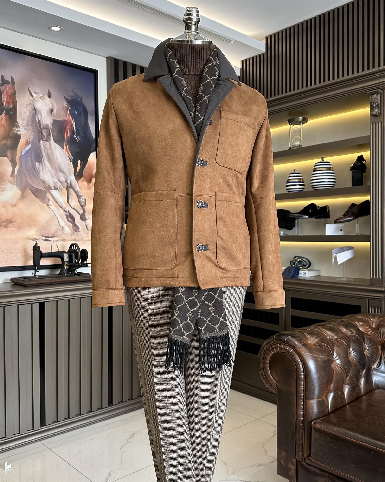 İtalyan stil slim fit polo yaka erkek mont taba T10044