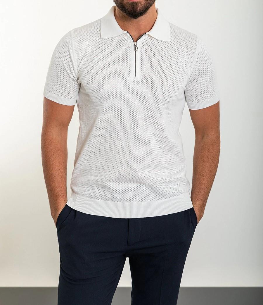 İtalyan stil slim fit polo yaka fermuarlı triko tişört ekru T11742