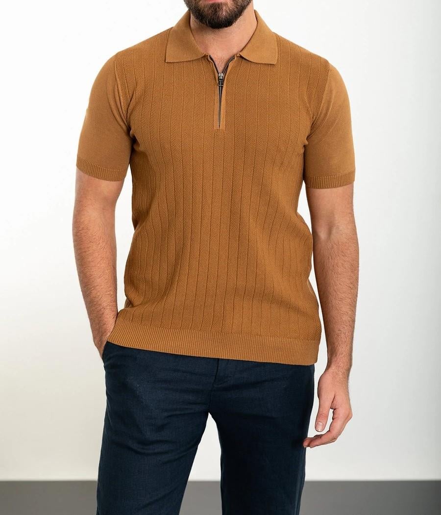 İtalyan stil slim fit polo yaka fermuarlı triko tişört camel T11725