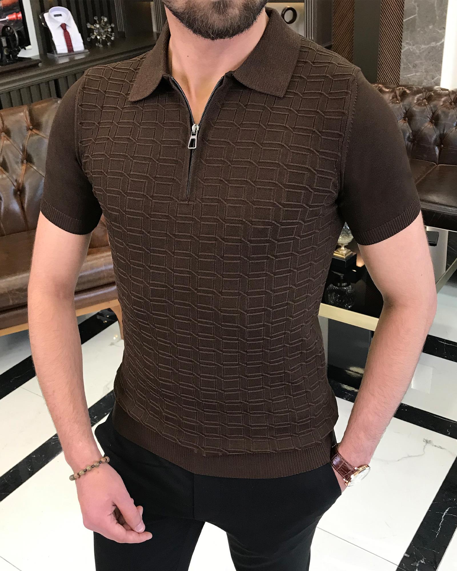 Italian style slim fit polo collar zipper knit t-shirt brown T9471