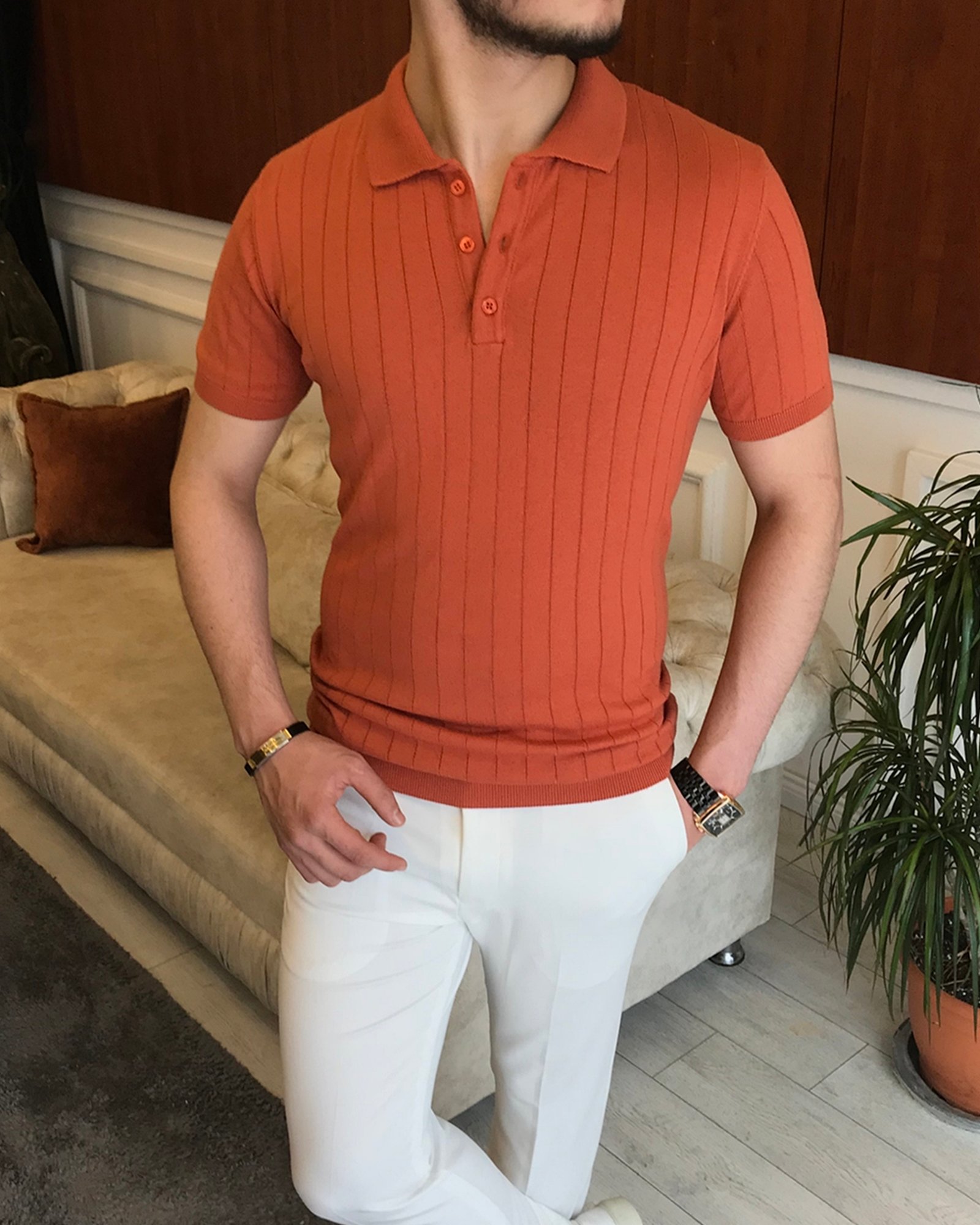 İtalyan stil slim fit polo yaka kısa kollu triko tişört Turuncu T7102