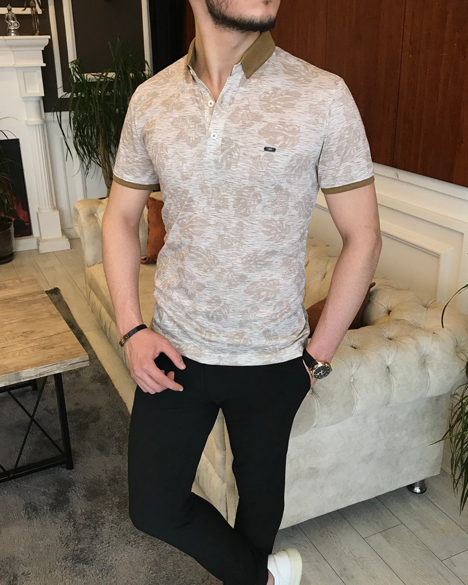 İtalyan stil slim fit polo yaka kısa kollu desenli tişört Bej T7107