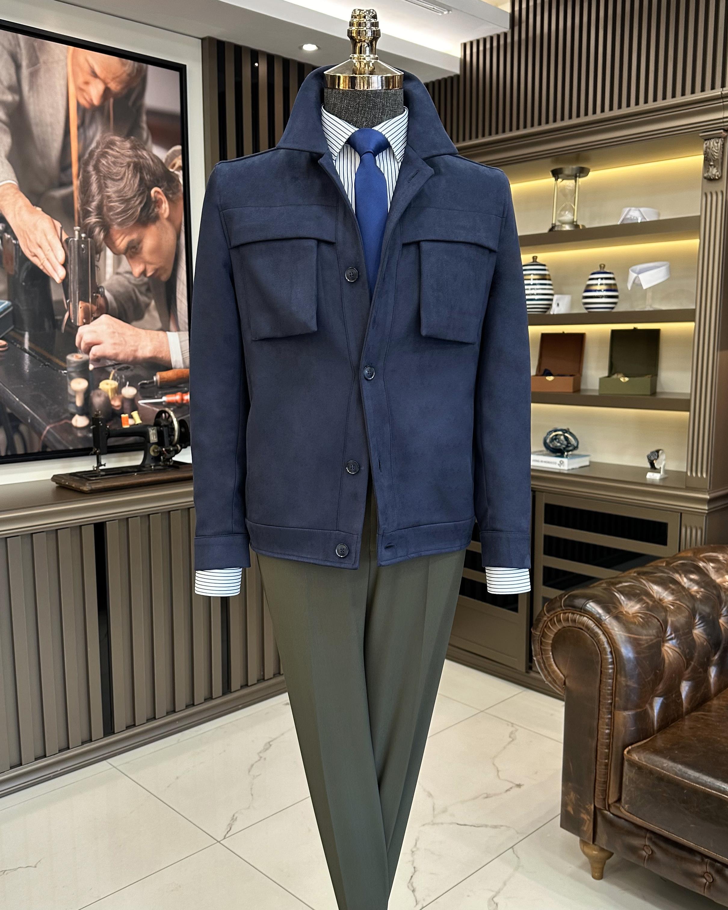 Italian style slim fit polo collar suede men's coat navy blue T10263