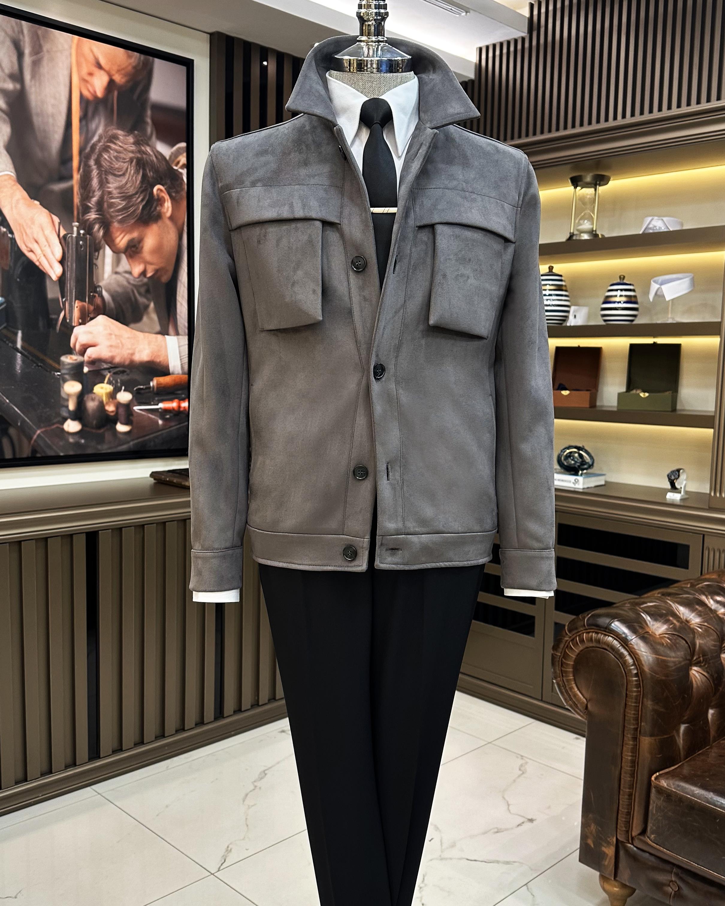 İtalyan stil slim fit  polo yaka süet erkek mont gri T10267