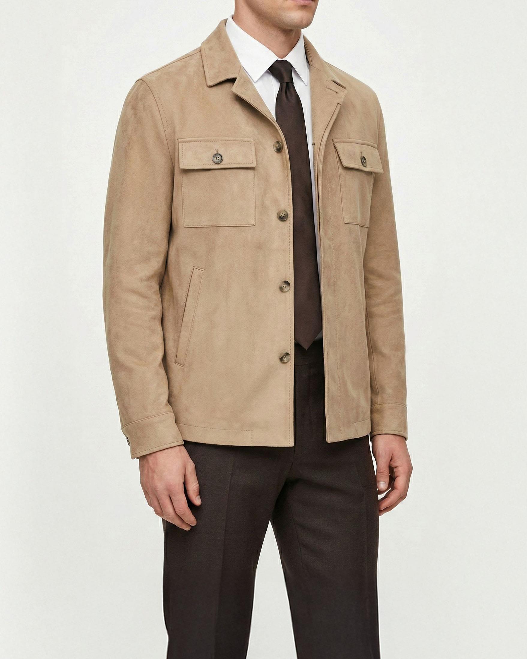 İtalyan stil slim fit  polo yaka süet erkek mont bej  T14705