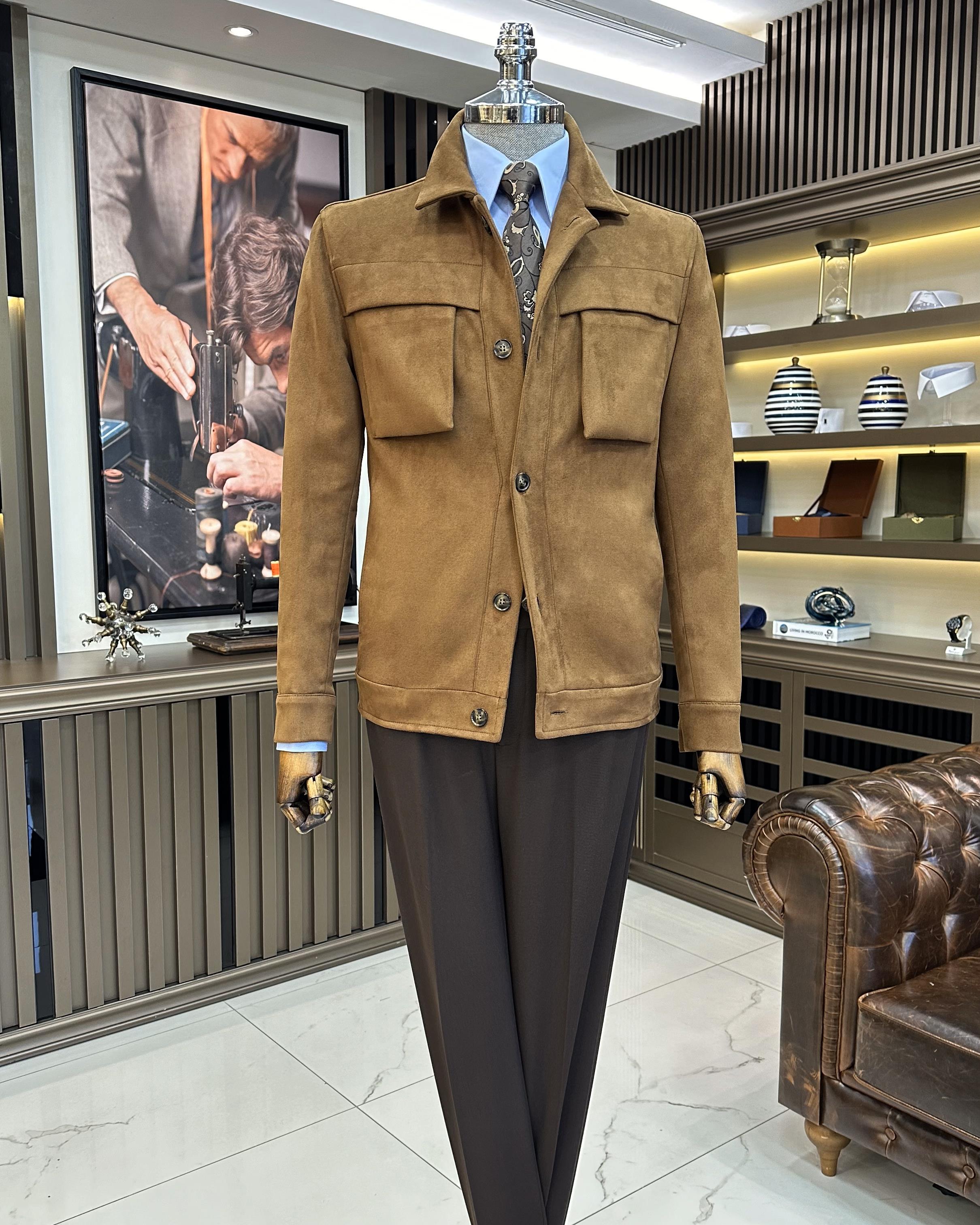İtalyan stil slim fit  polo yaka süet erkek mont kahverengi T10264